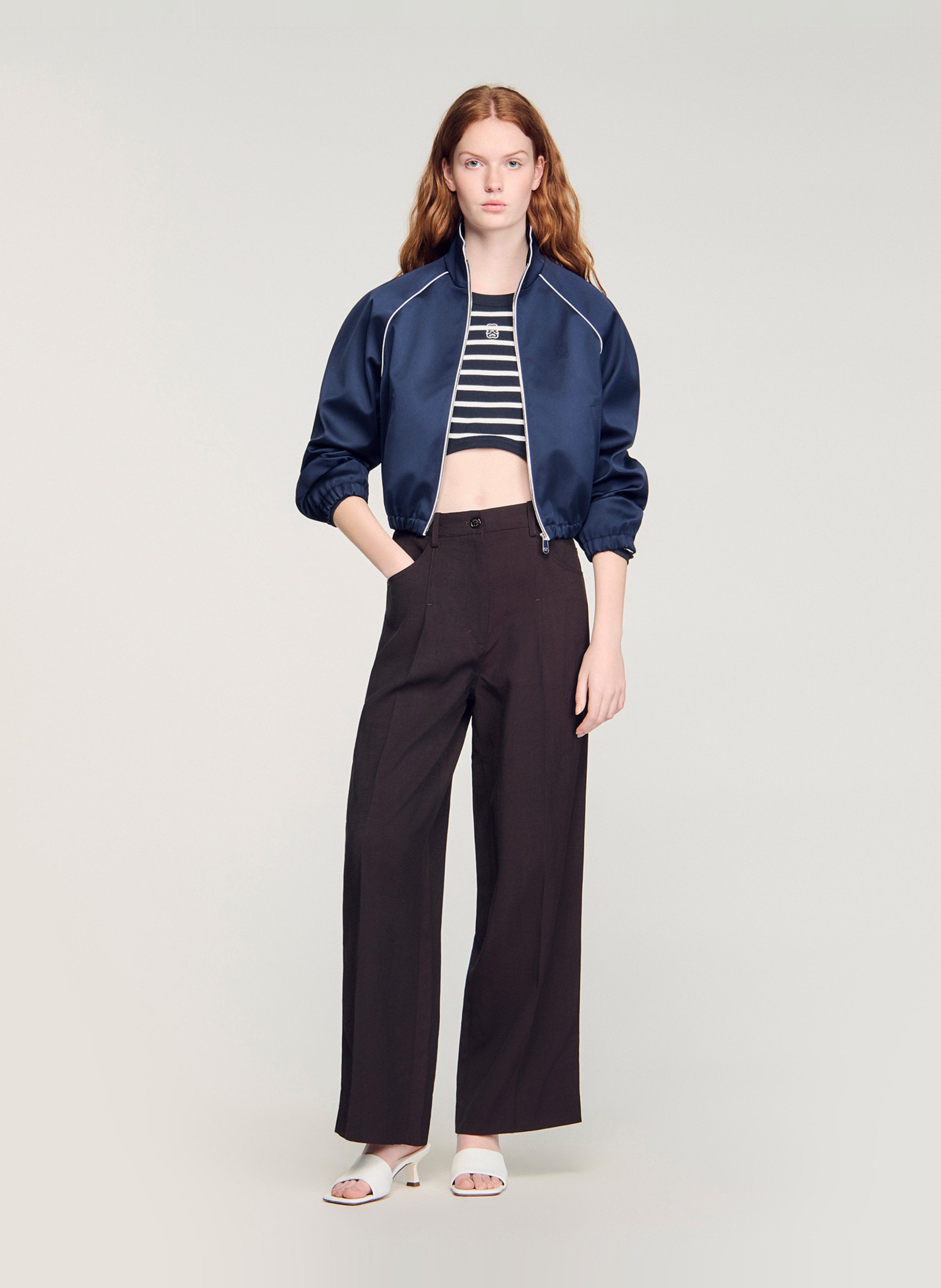 Tee-shirt droit col rond en coton rayé SANDRO Bleu