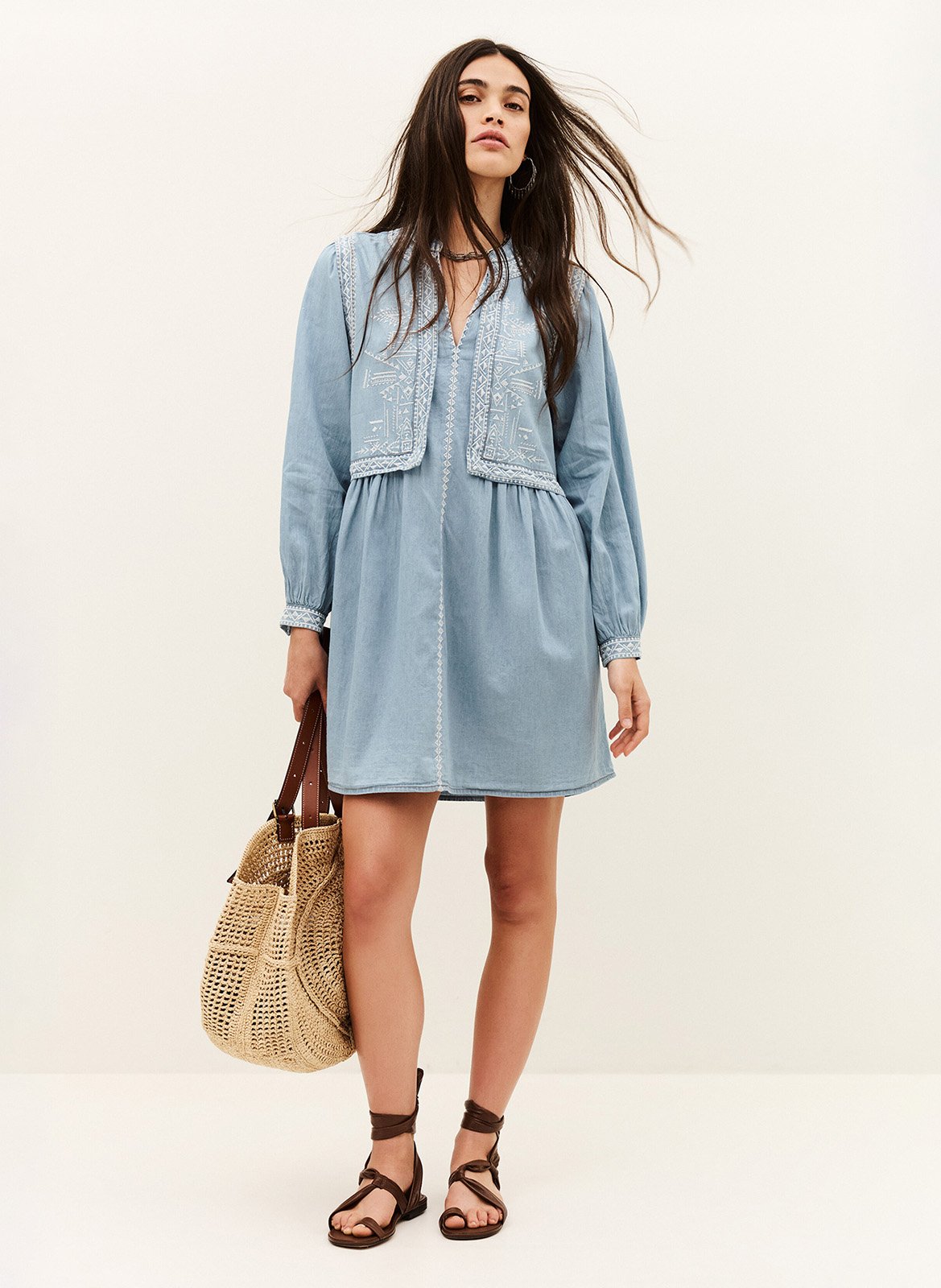 Robe courte col v en coton brodé laena BA&SH Bleu