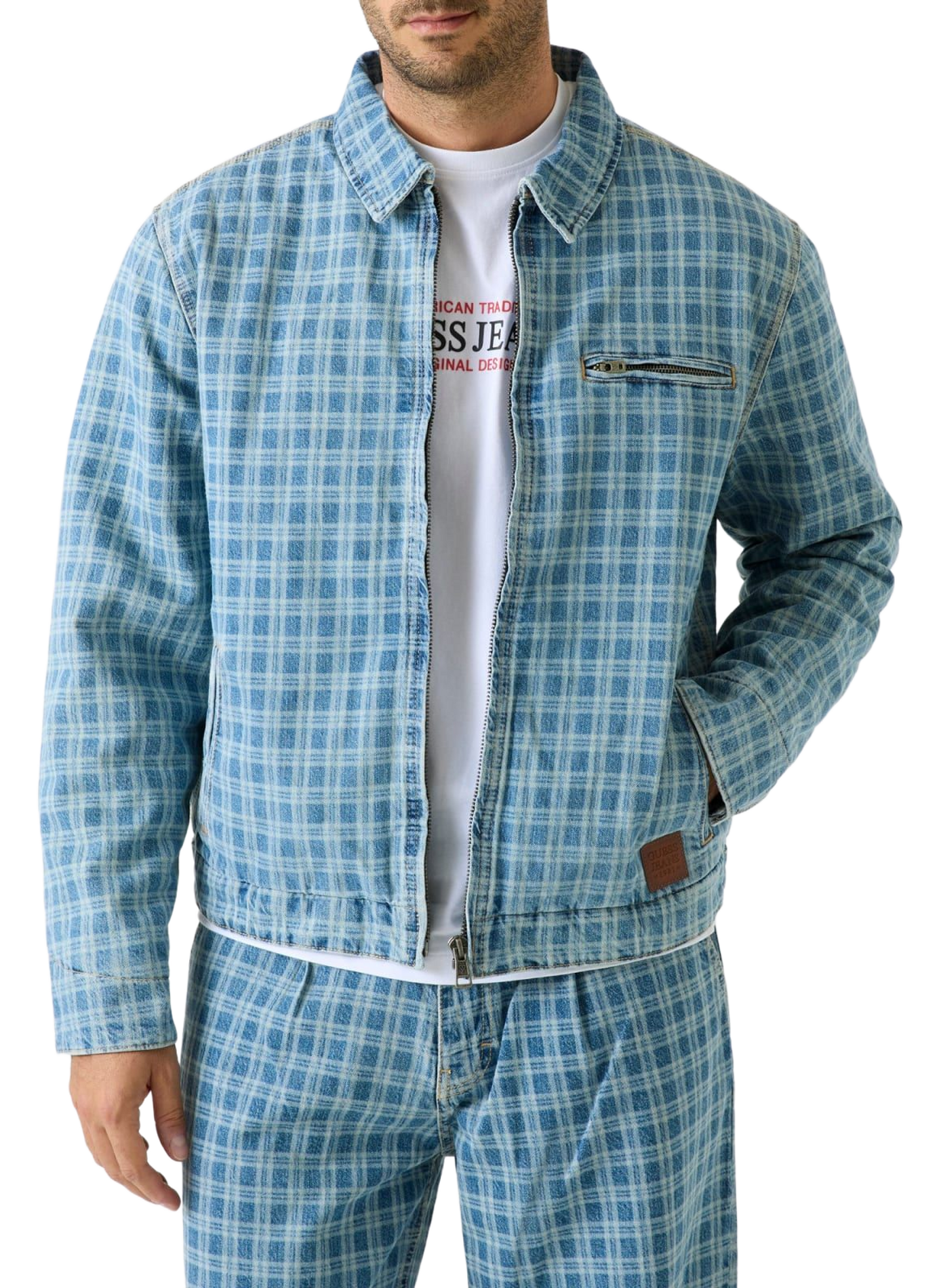 Veste droit col classique à carreaux en coton mélangé GUESS Blue