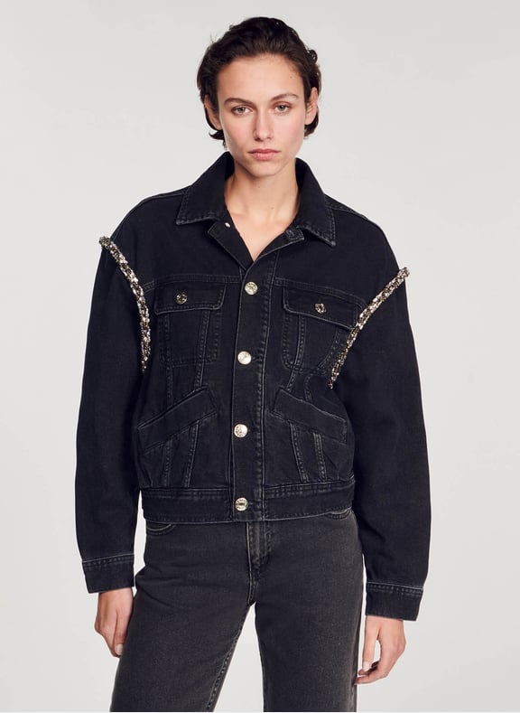 Veste en jean col classique avec strass Noir by SANDRO SANDRO Veste en jean col classique avec strass Noir