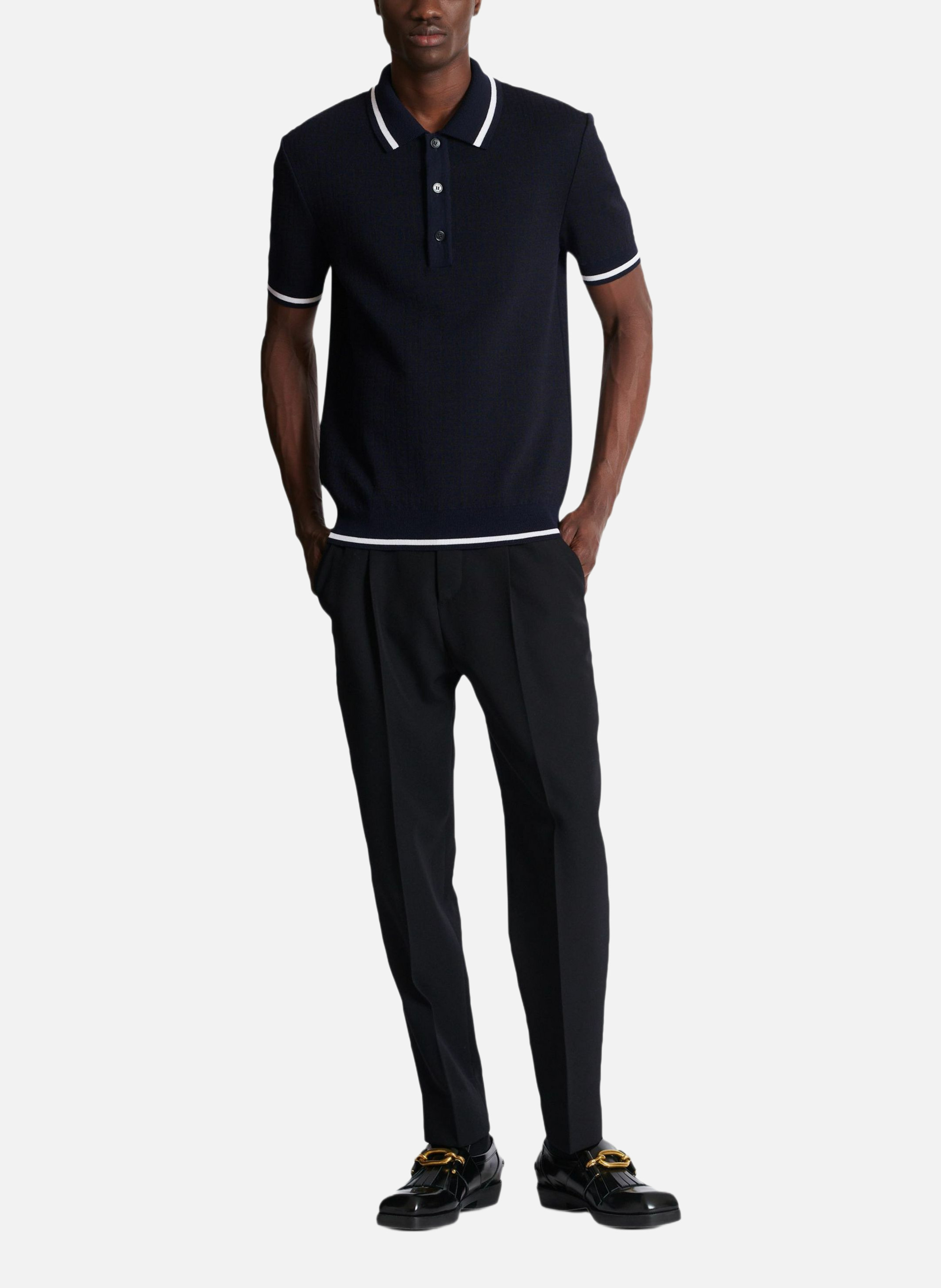 Polo en laine mérinos monogrammée BALMAIN Bleu