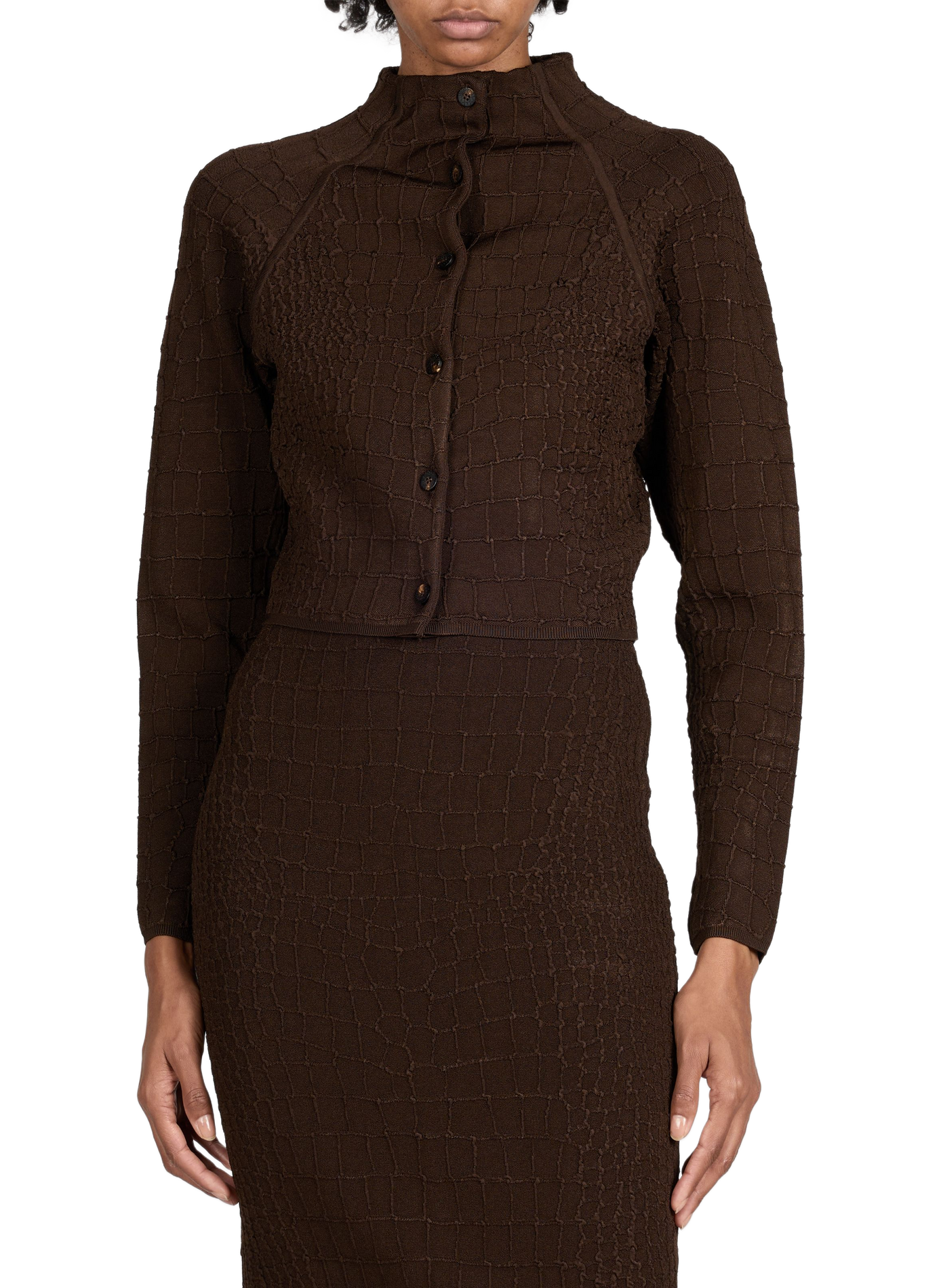 High-neck cardigan with crocodile skin effect JACQUEMUS Brown