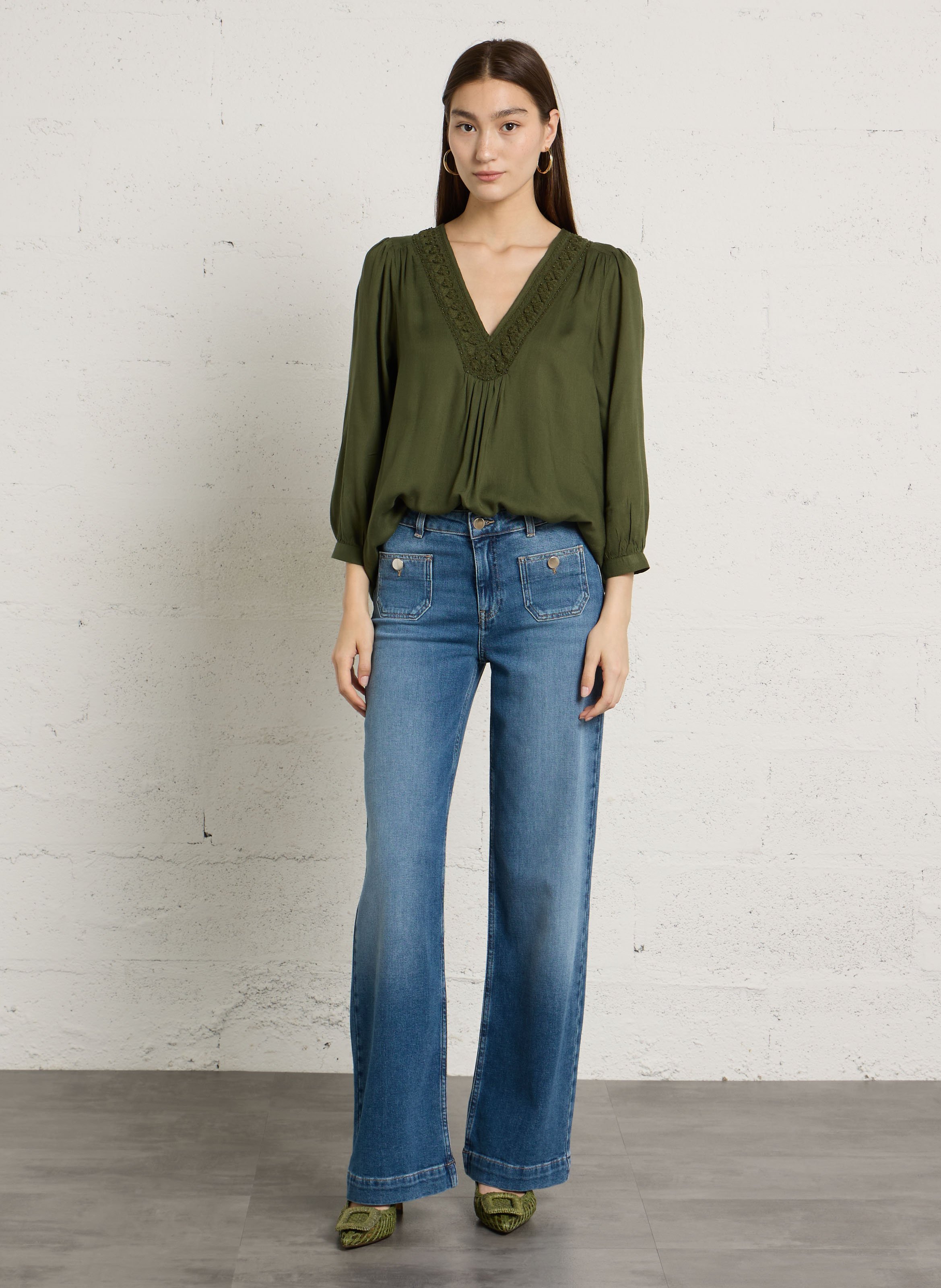 Blouse col v brodé dorian | Kaki MAISON 123 Femme