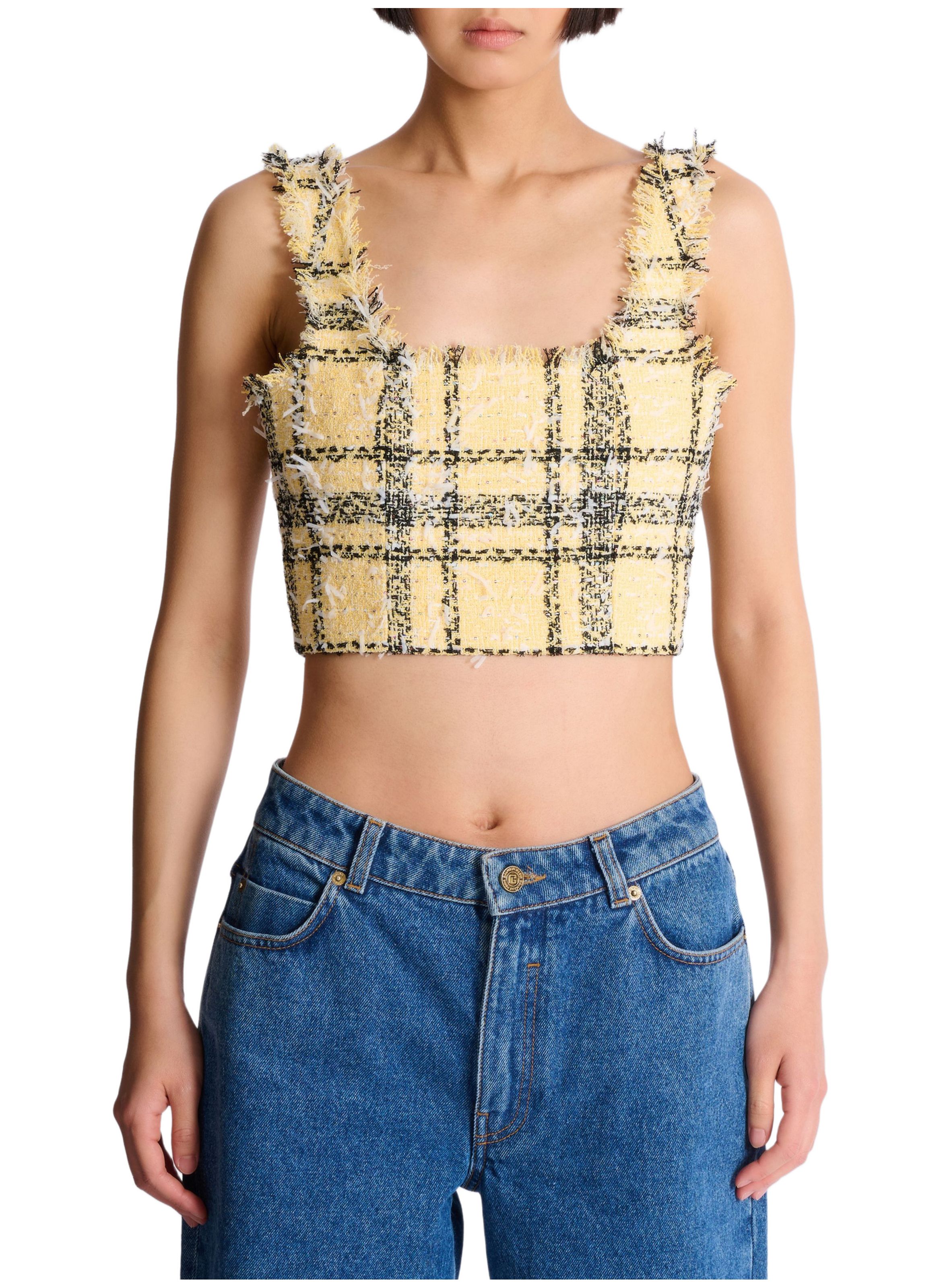 Top court en tweed tartan à paillettes BALMAIN Jaune