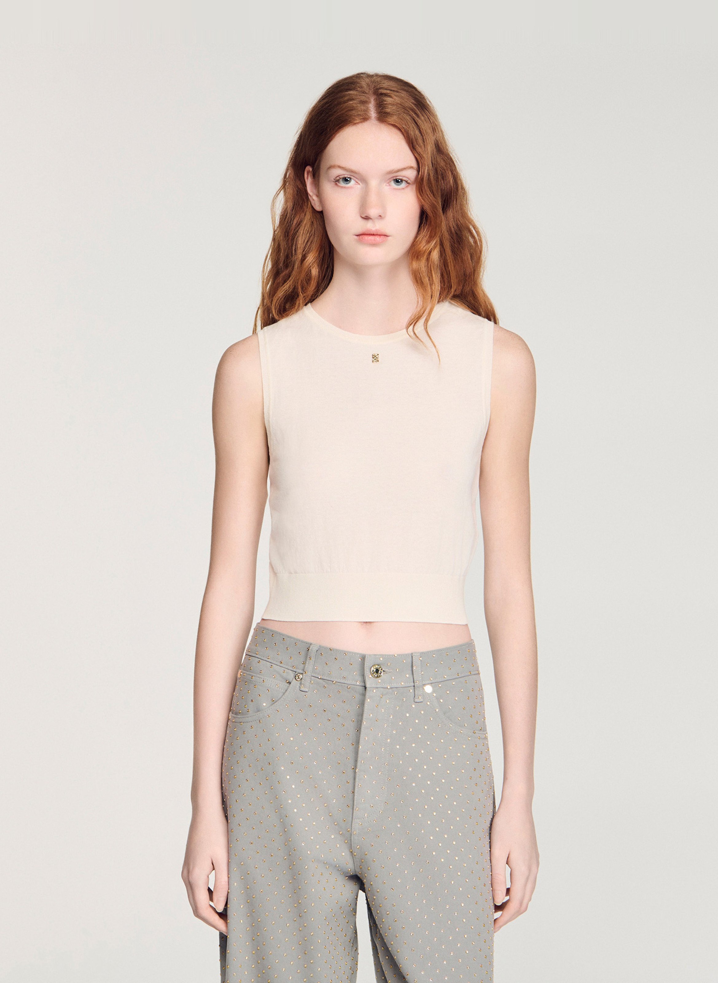 Top col rond en cootn mélangé SANDRO Beige