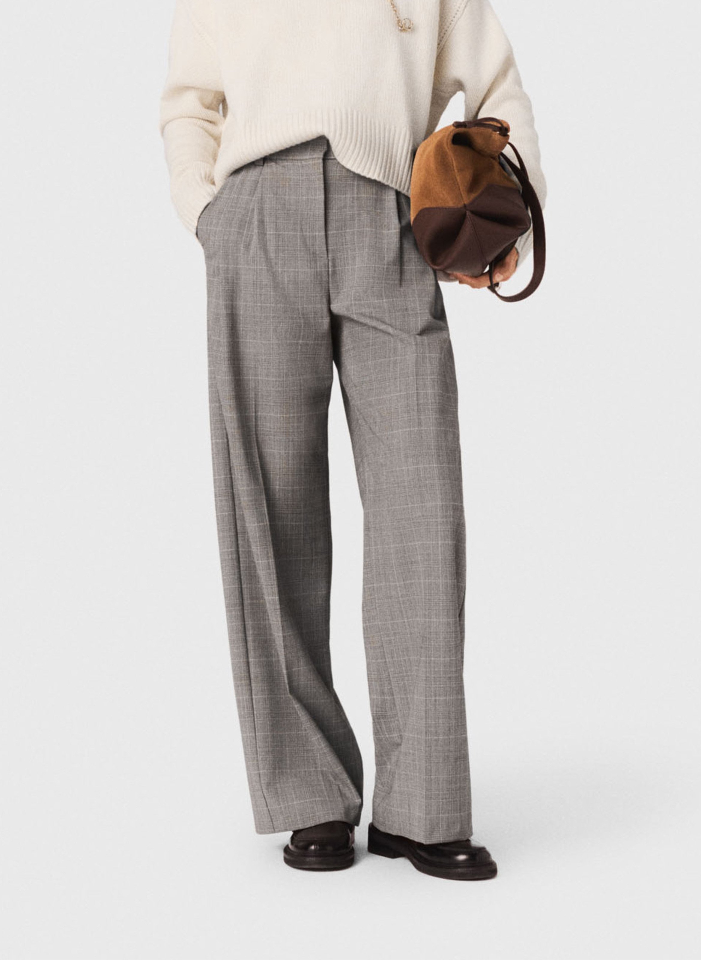 Pantalon palazzo en laine mélangée à carreaux MAJE Gris