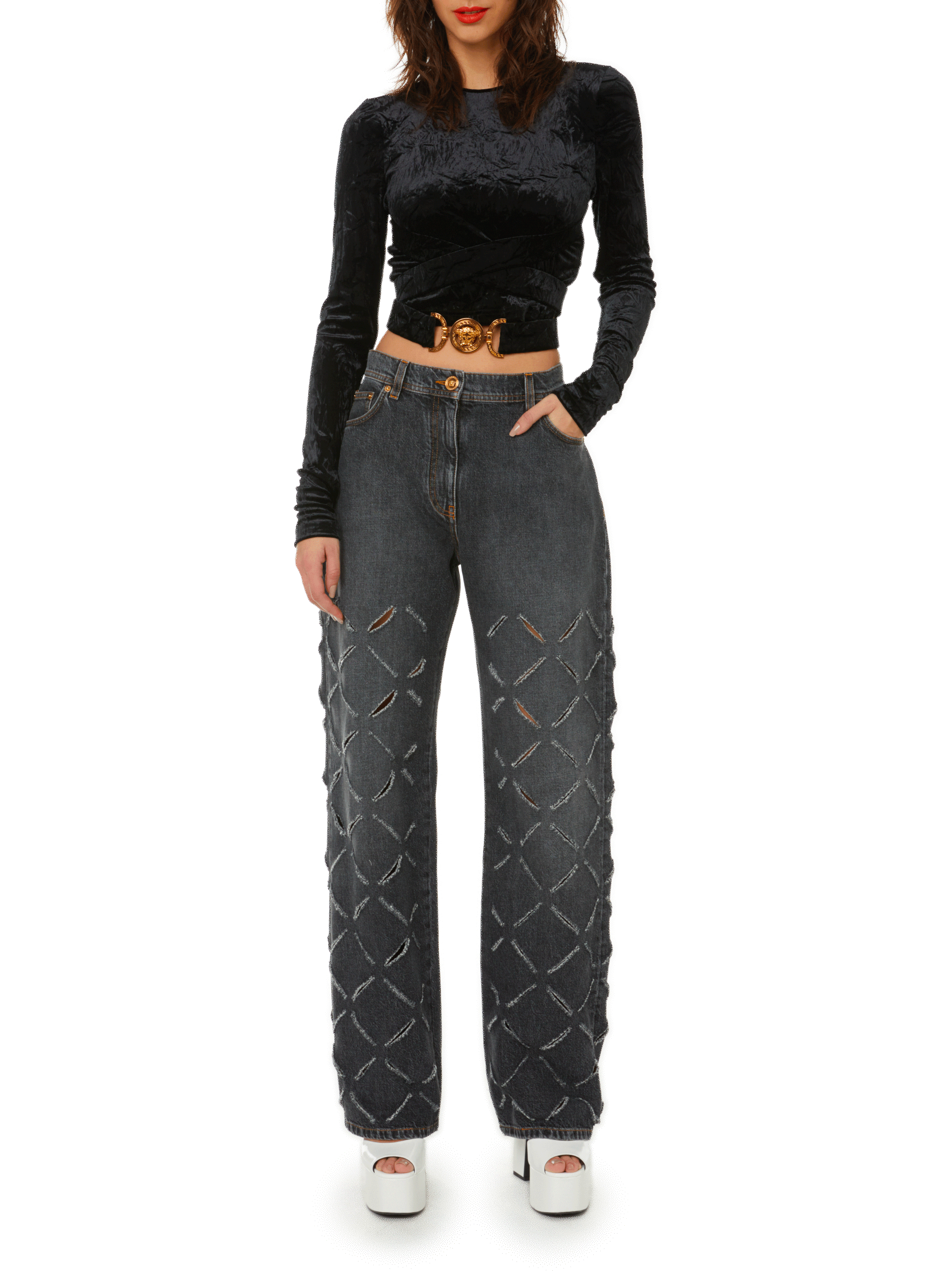 Crushed velvet crop top VERSACE Black