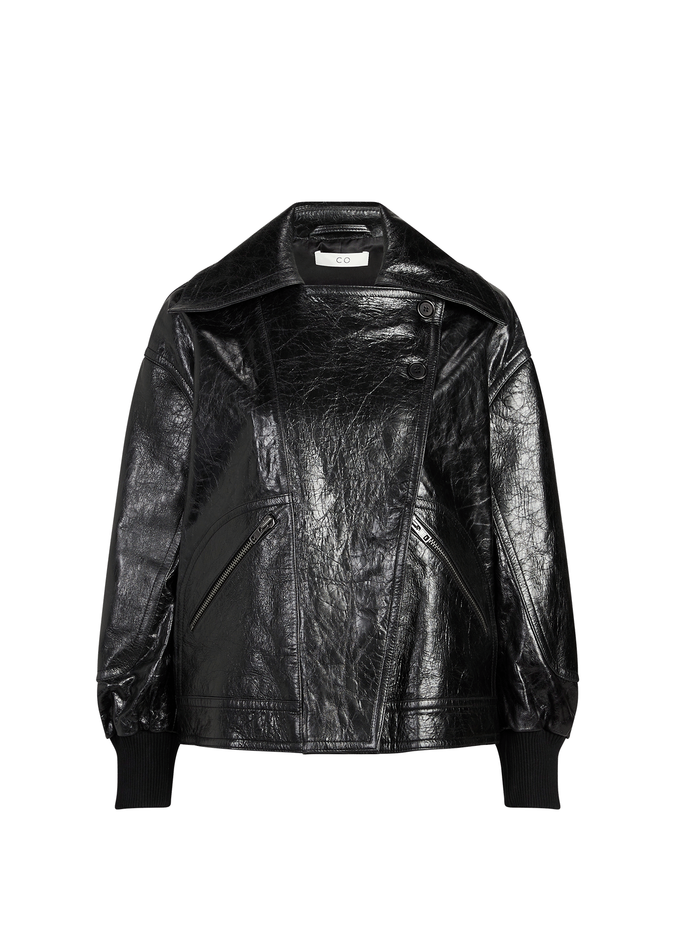 Jacket with crossover collar and cracked leather belt CO Black