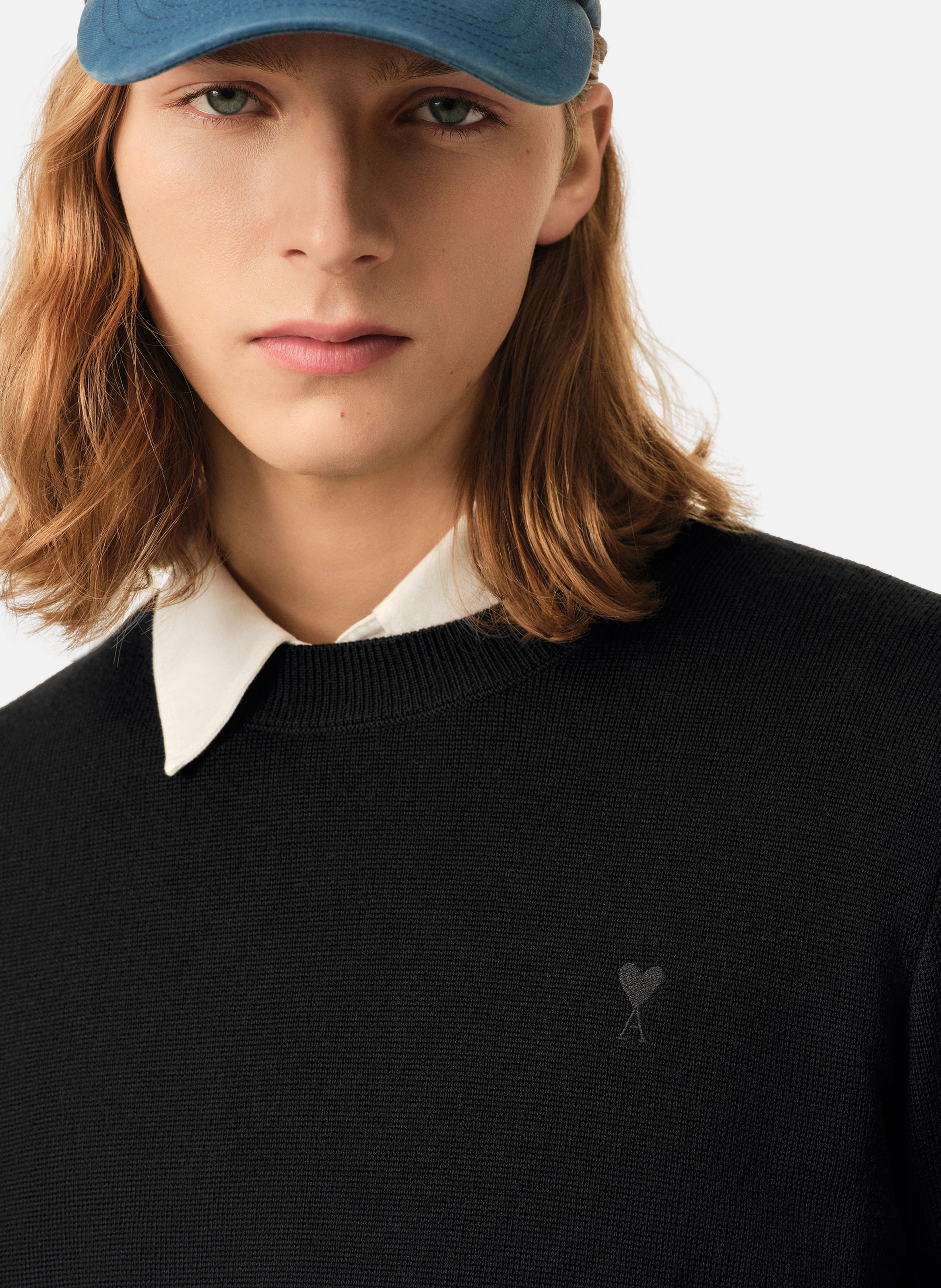 Pull col rond ami de coeur en laine AMI PARIS Noir