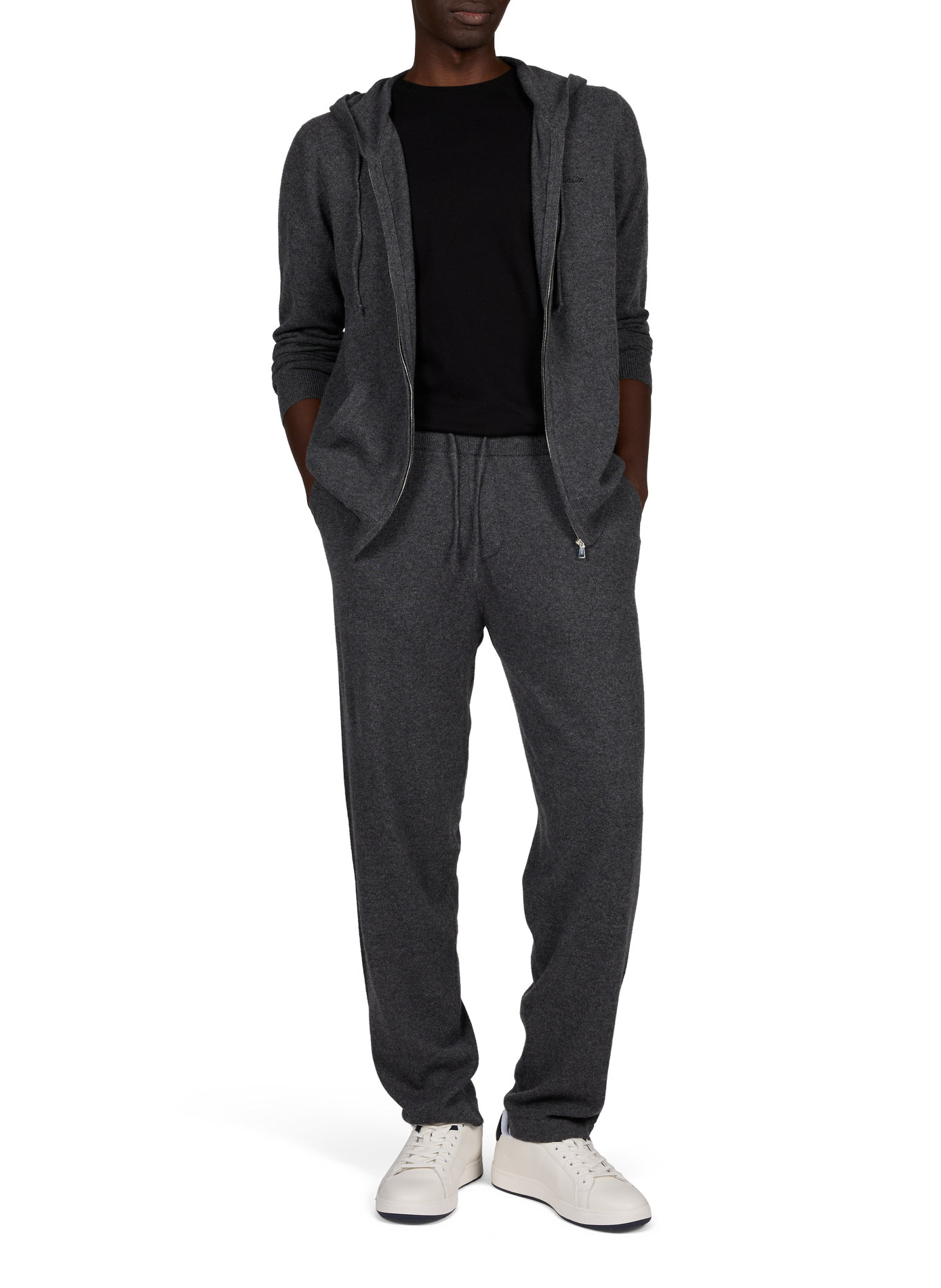 Straight hooded cardigan in fine cashmere knit AURELIEN Grey