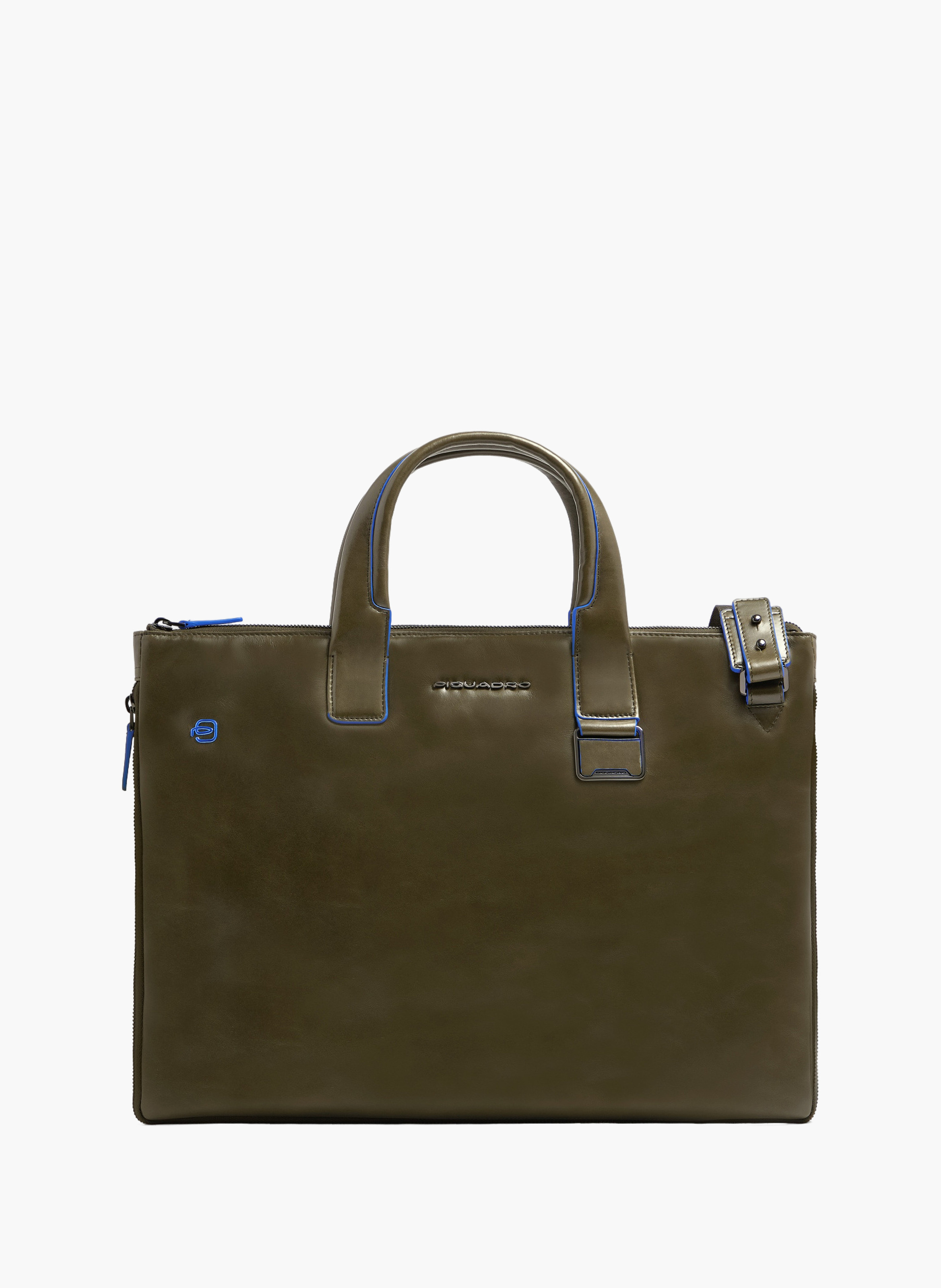 Expandable leather laptop bag 15.6" blue square PIQUADRO Green