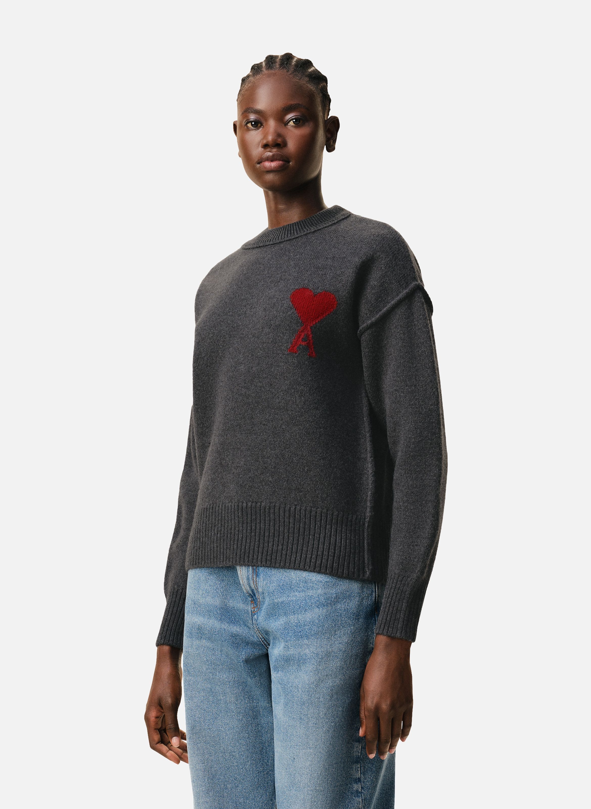 Pull Col Rond Ami De Coeur En Laine unisexe AMI PARIS Gris