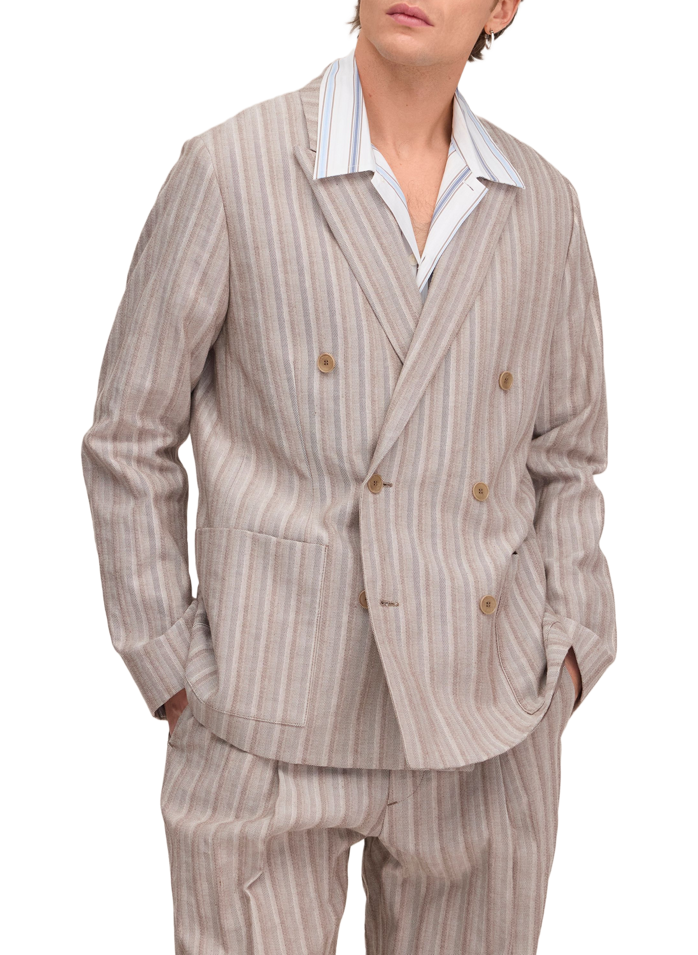 Gerader gestreifter Leinen- und Baumwollblazer NN.07 Braun