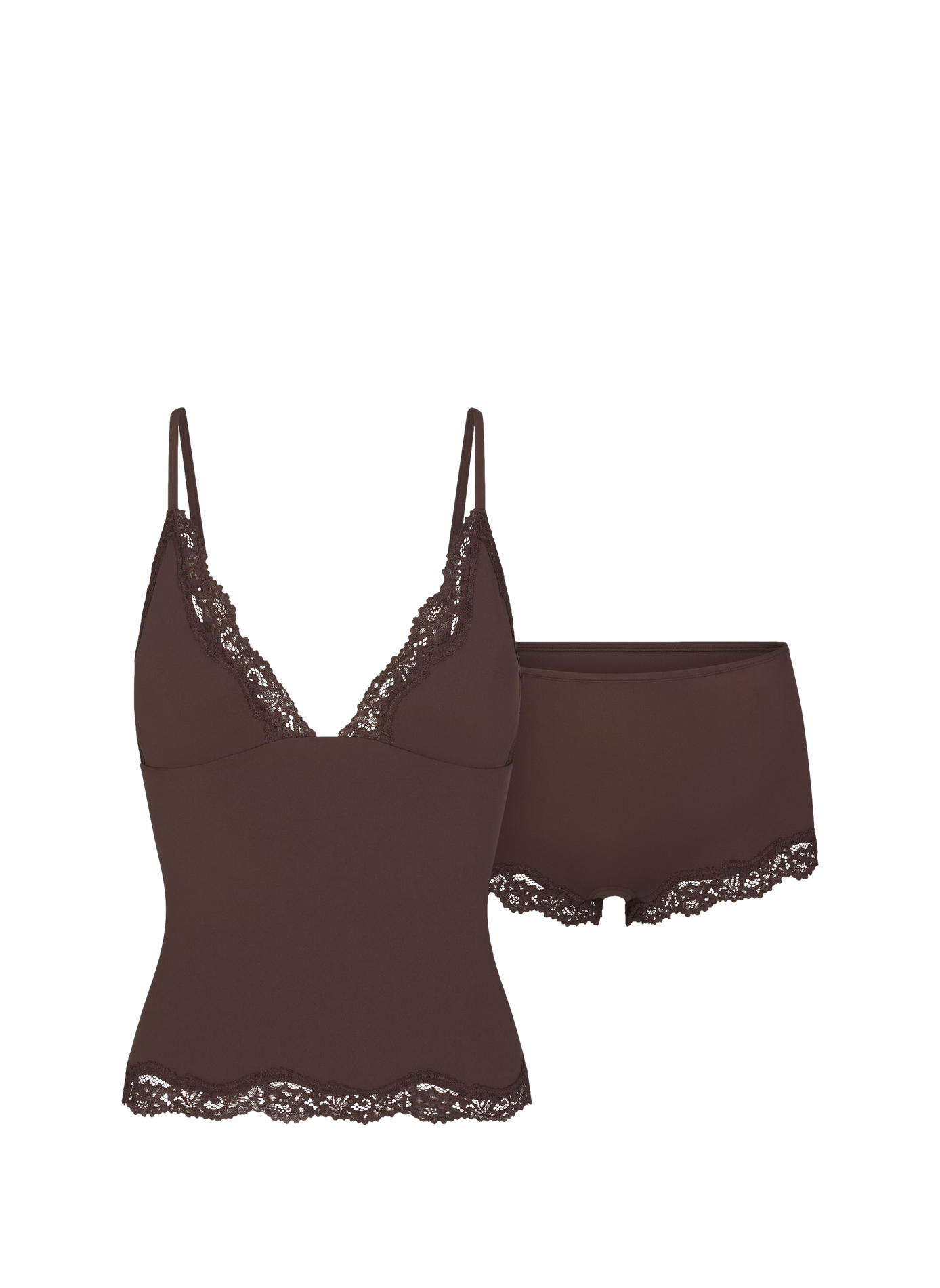 Pyjama-Set mit Spaghettiträger-Top und Spitzen-Shorts SKIMS Braun