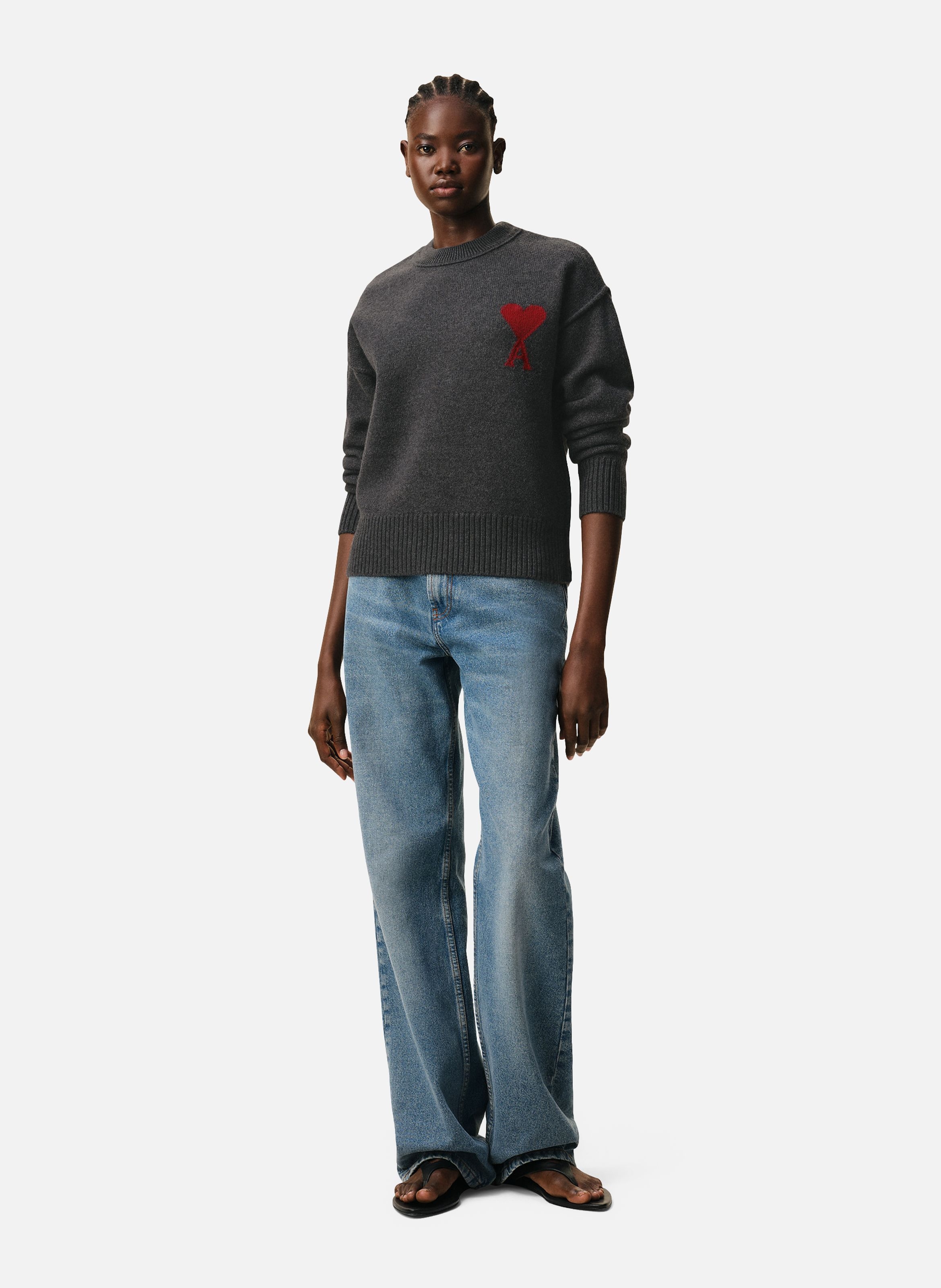 Pull Col Rond Ami De Coeur En Laine unisexe AMI PARIS Gris