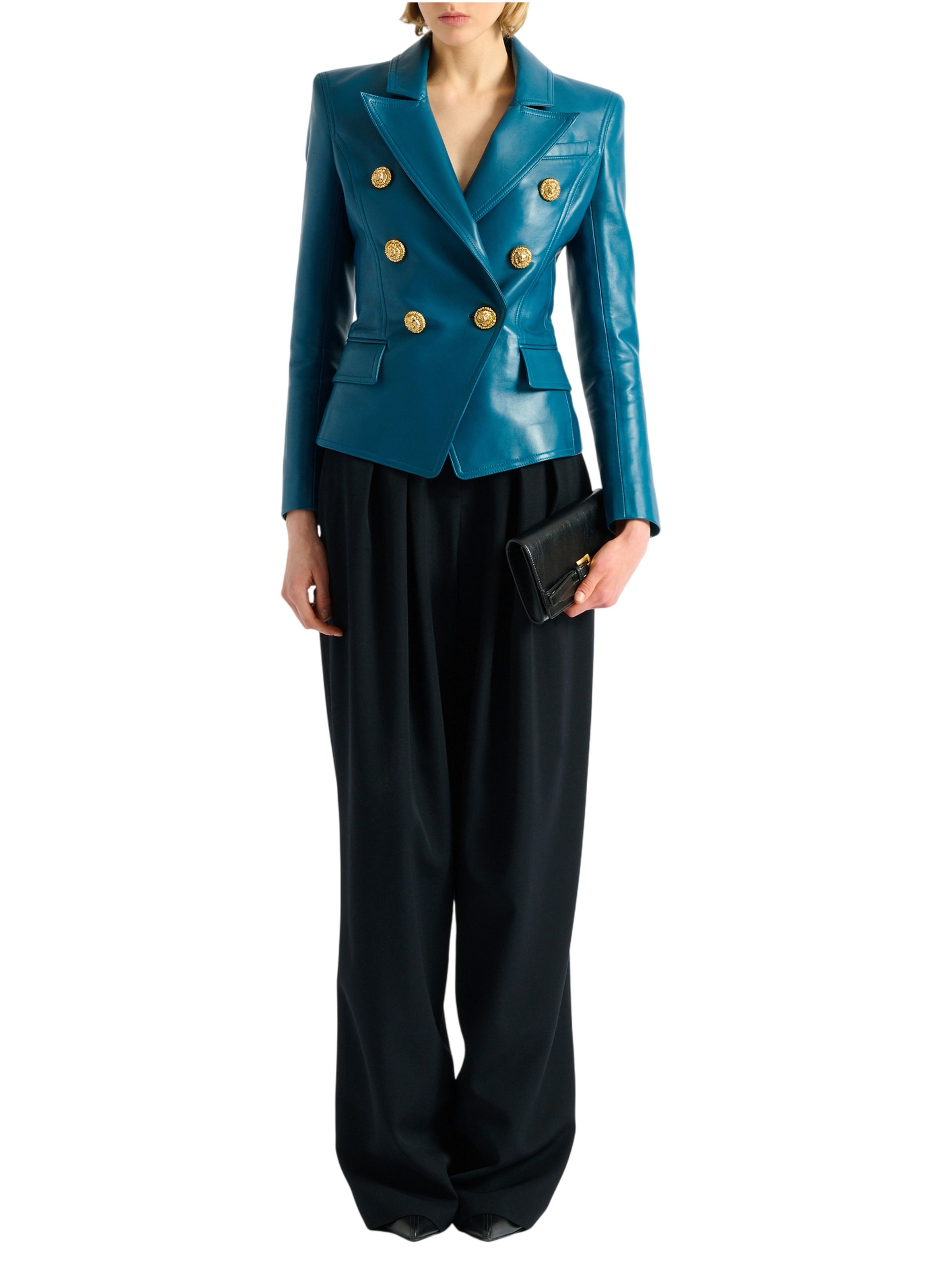 Veste 6 boutons en cuir BALMAIN Bleu