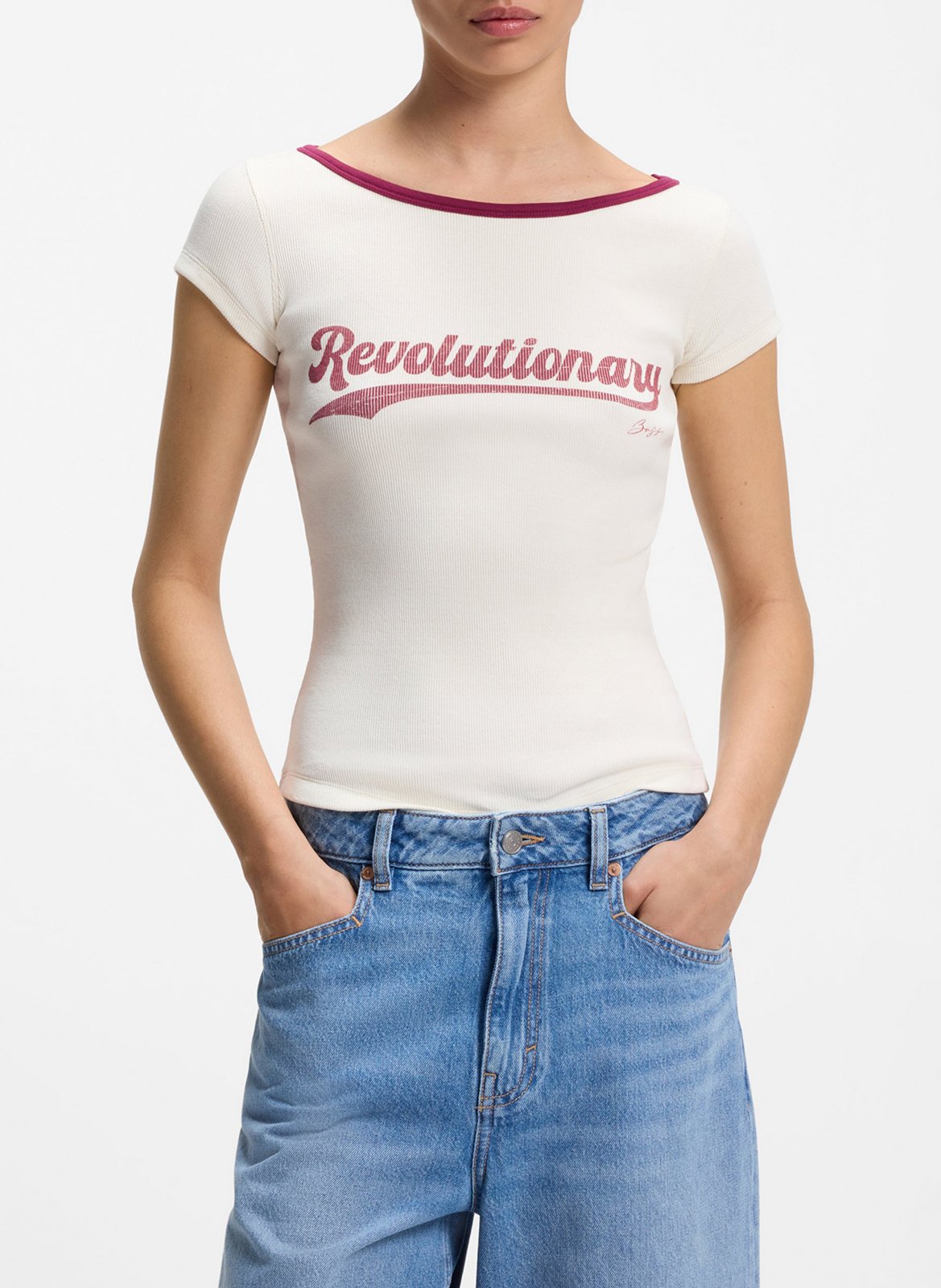 Tee-shirt droit col bateau en coton mélangé BOSS Beige
