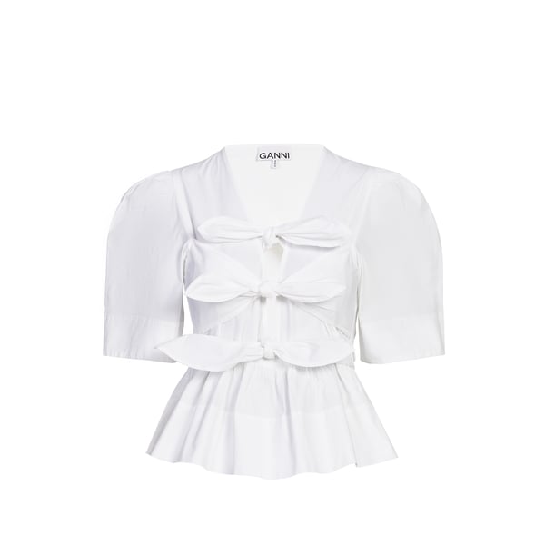 Ganni Crewneck Cotton Peplum Top Flounces In White