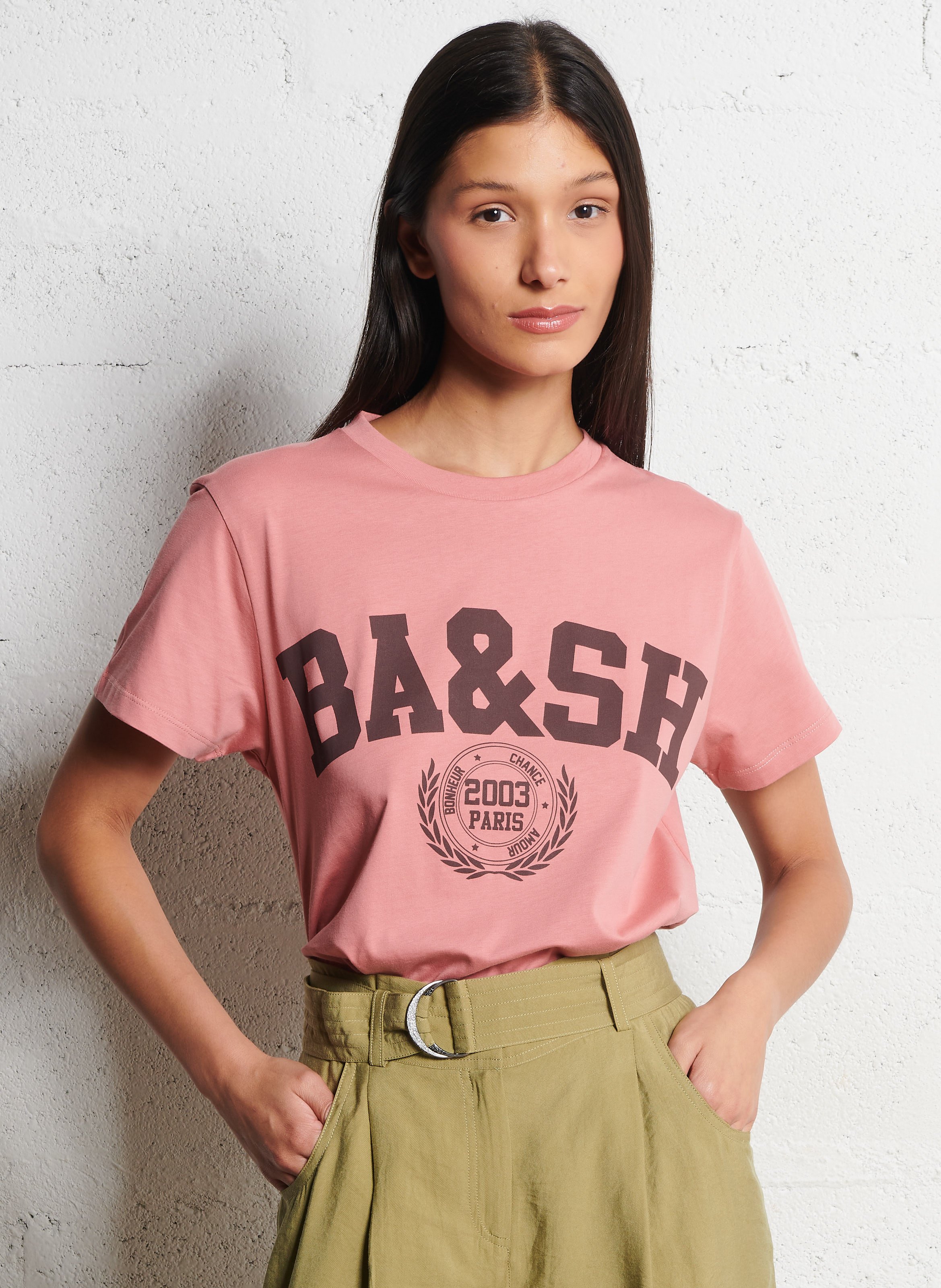 Tee-shirt droit col rond sérigraphié en coton ioni BA&SH Rose