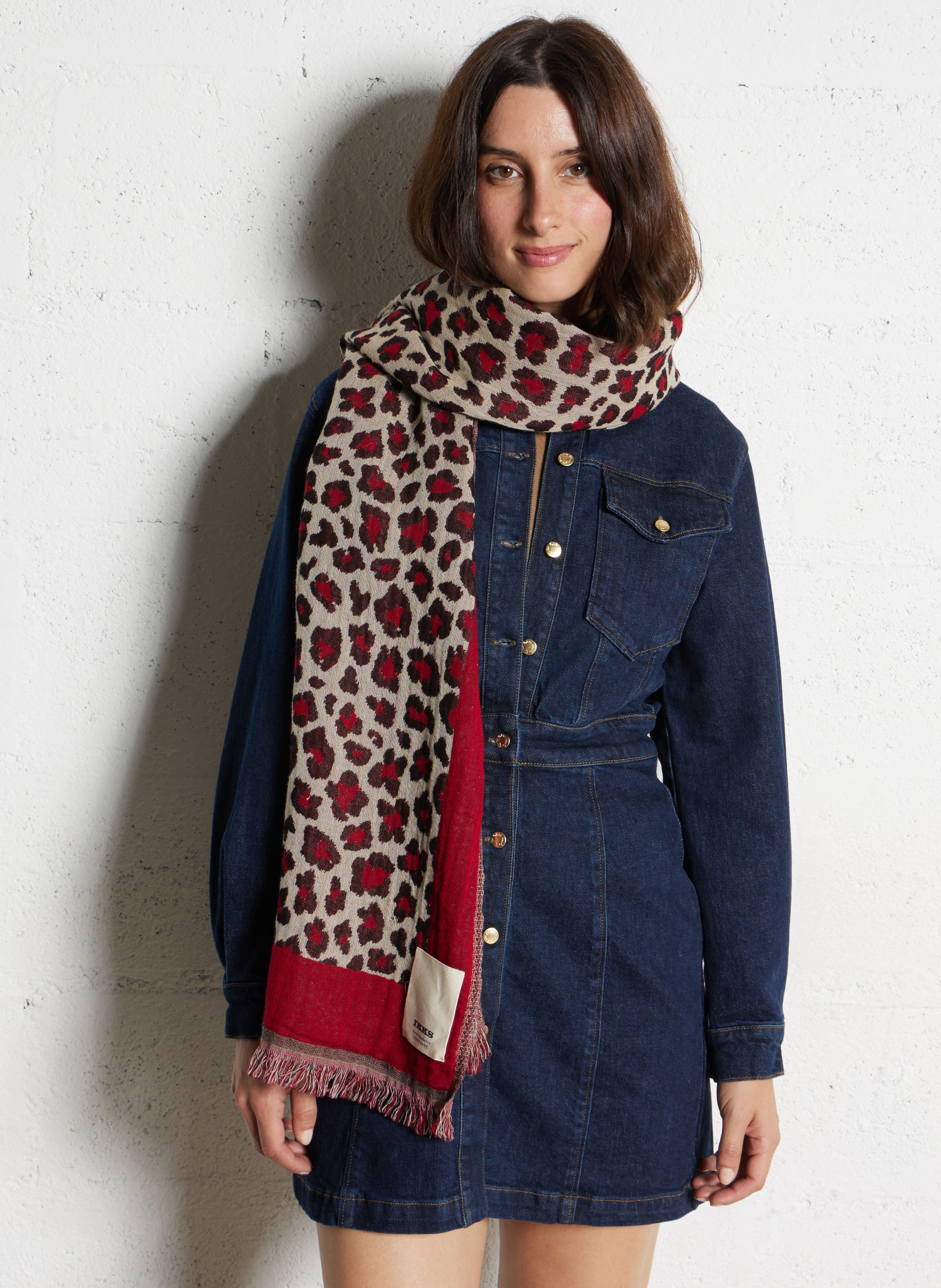 Foulard jacquard léopard en coton mélangé IKKS Rouge