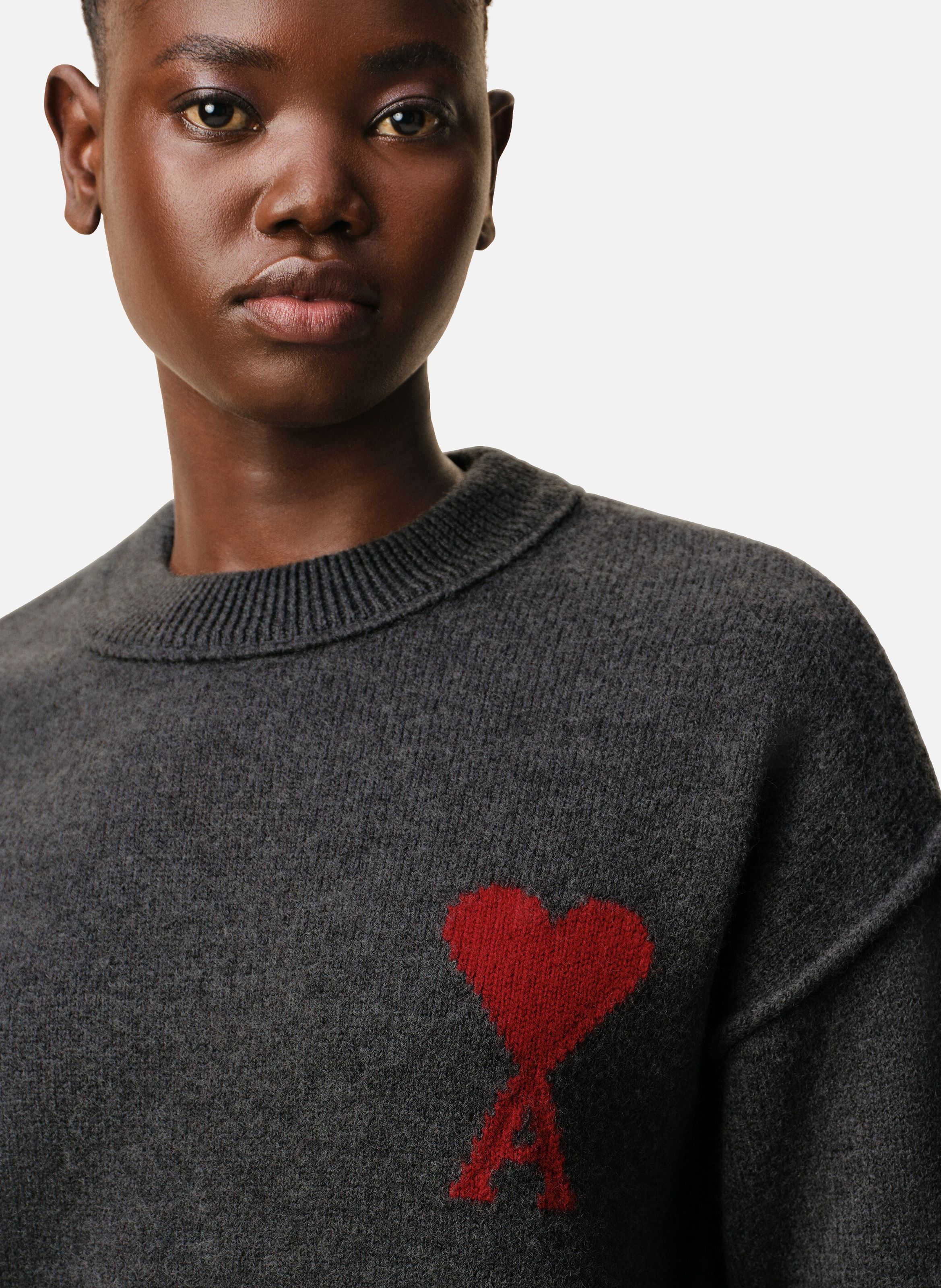 Pull Col Rond Ami De Coeur En Laine unisexe AMI PARIS Gris