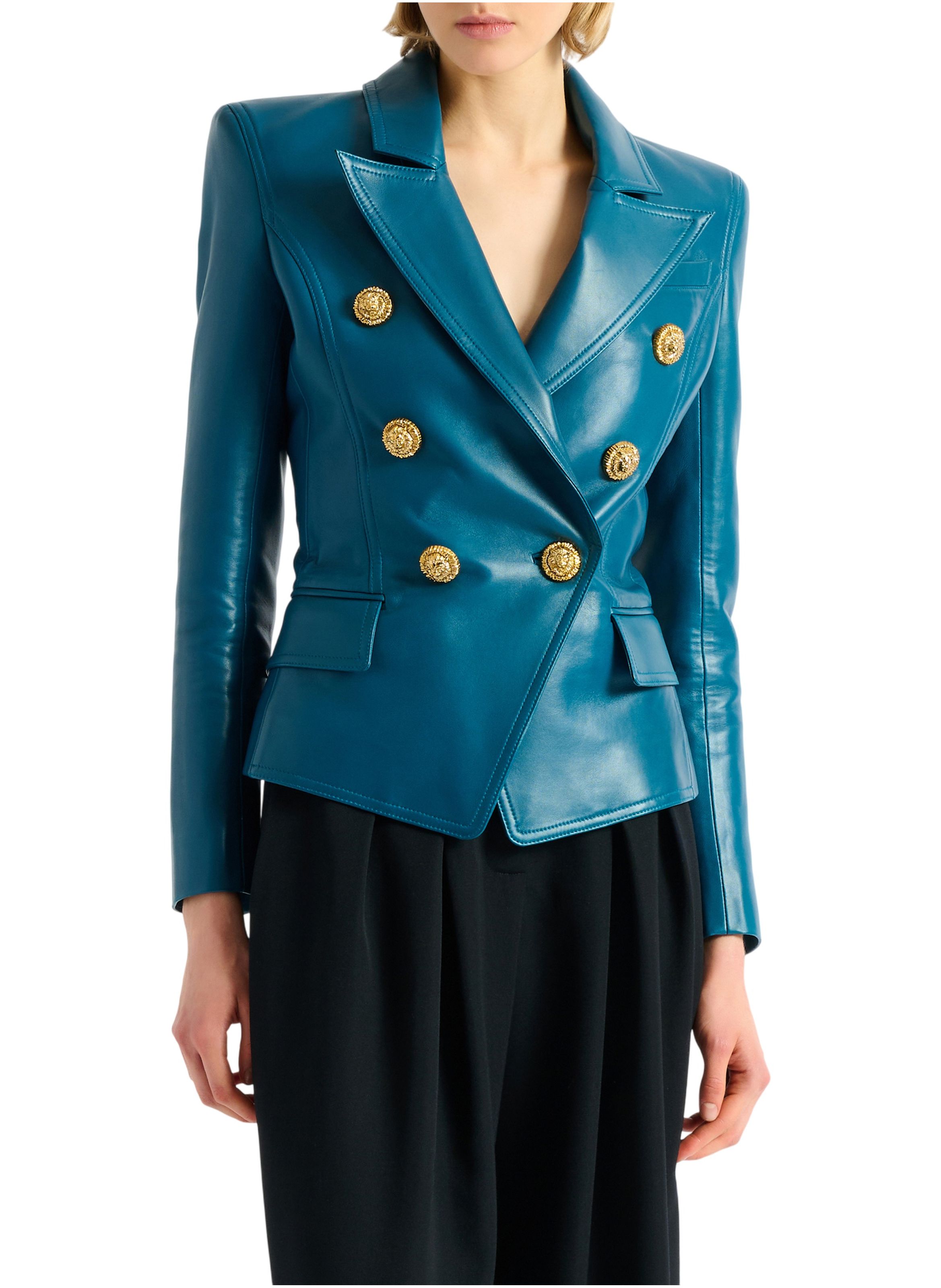 Veste 6 boutons en cuir BALMAIN Bleu