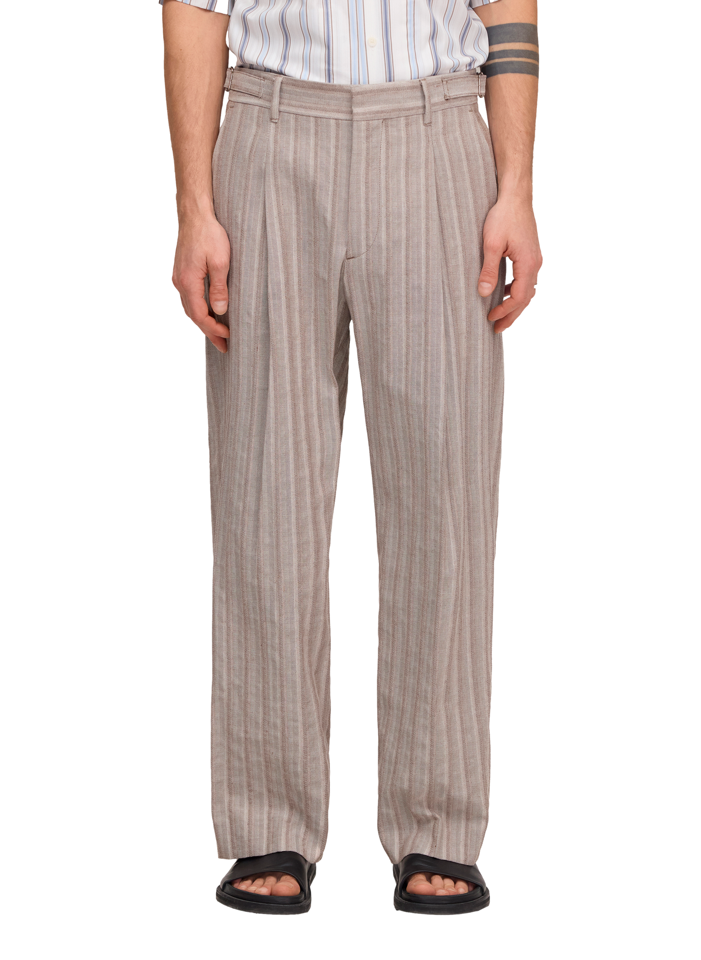 Pantalon Kay à rayures chevrons en coton et lin mélangés NN.07 Marron