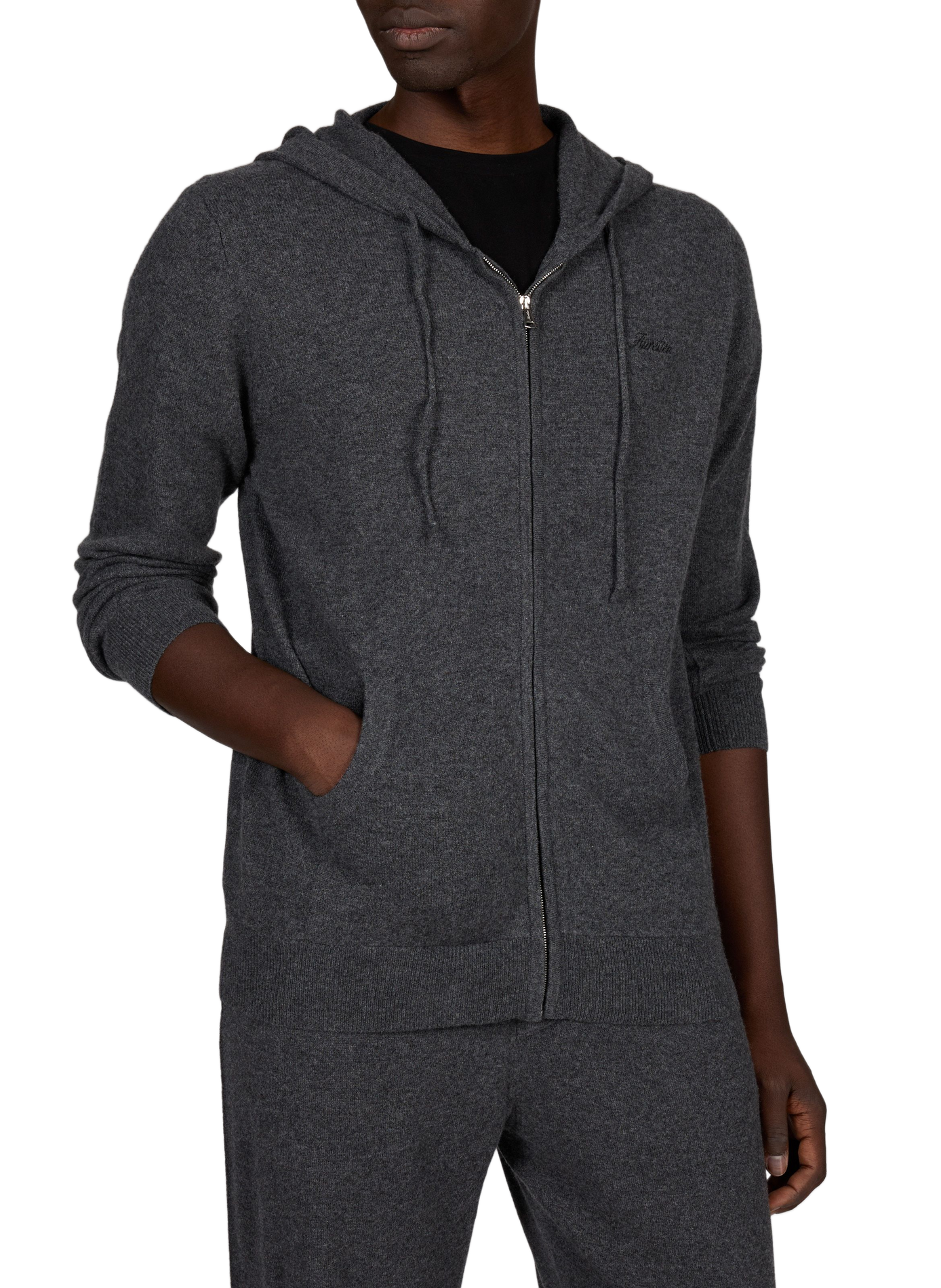 Straight hooded cardigan in fine cashmere knit AURELIEN Grey