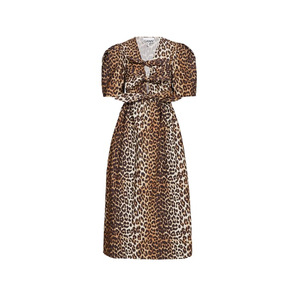 Ganni Leopard Printed Cotton Tie Strap Midi Dress In Brown