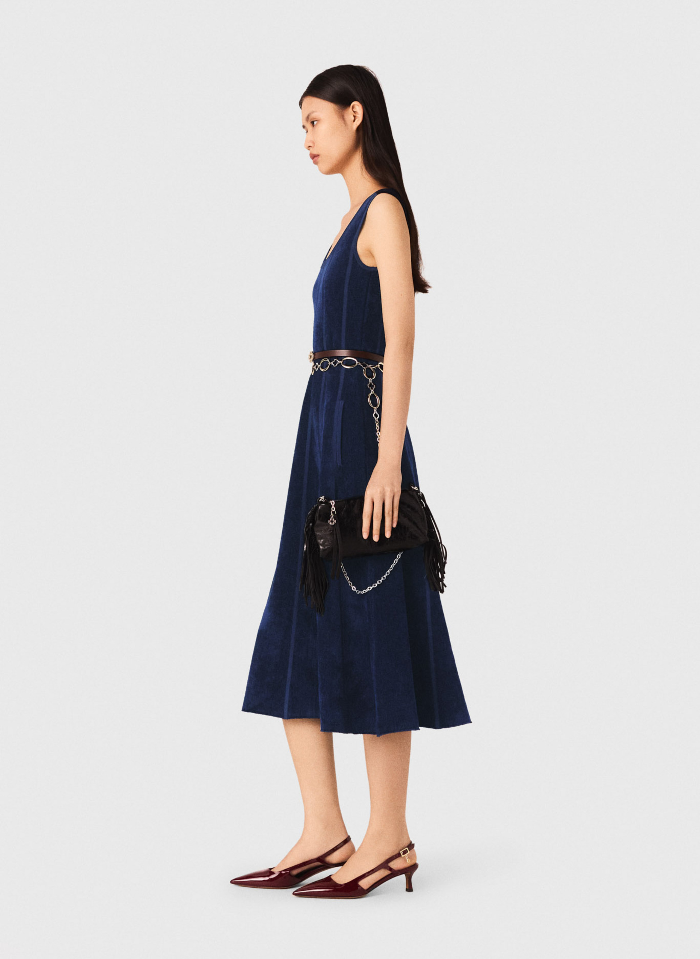 Robe midi évasée en maille velours Bleu