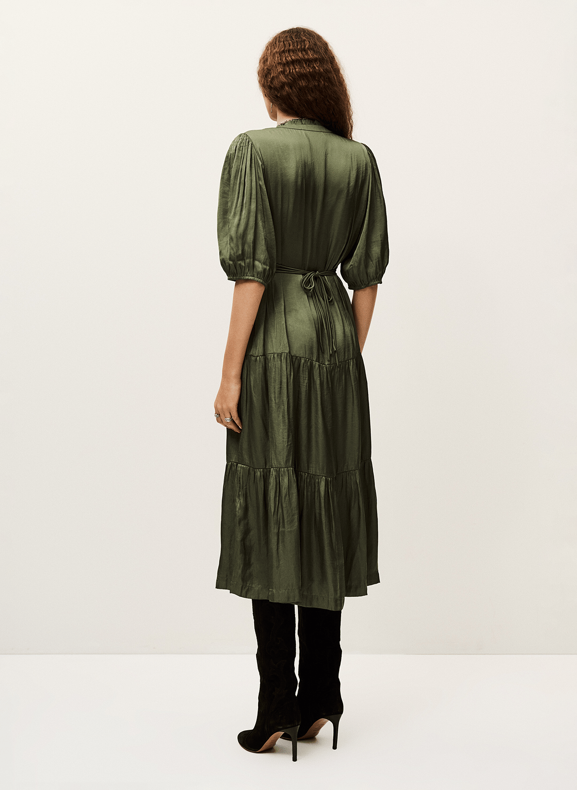 Robe longue froncée col tunisien en satin cleli BA&SH Kaki