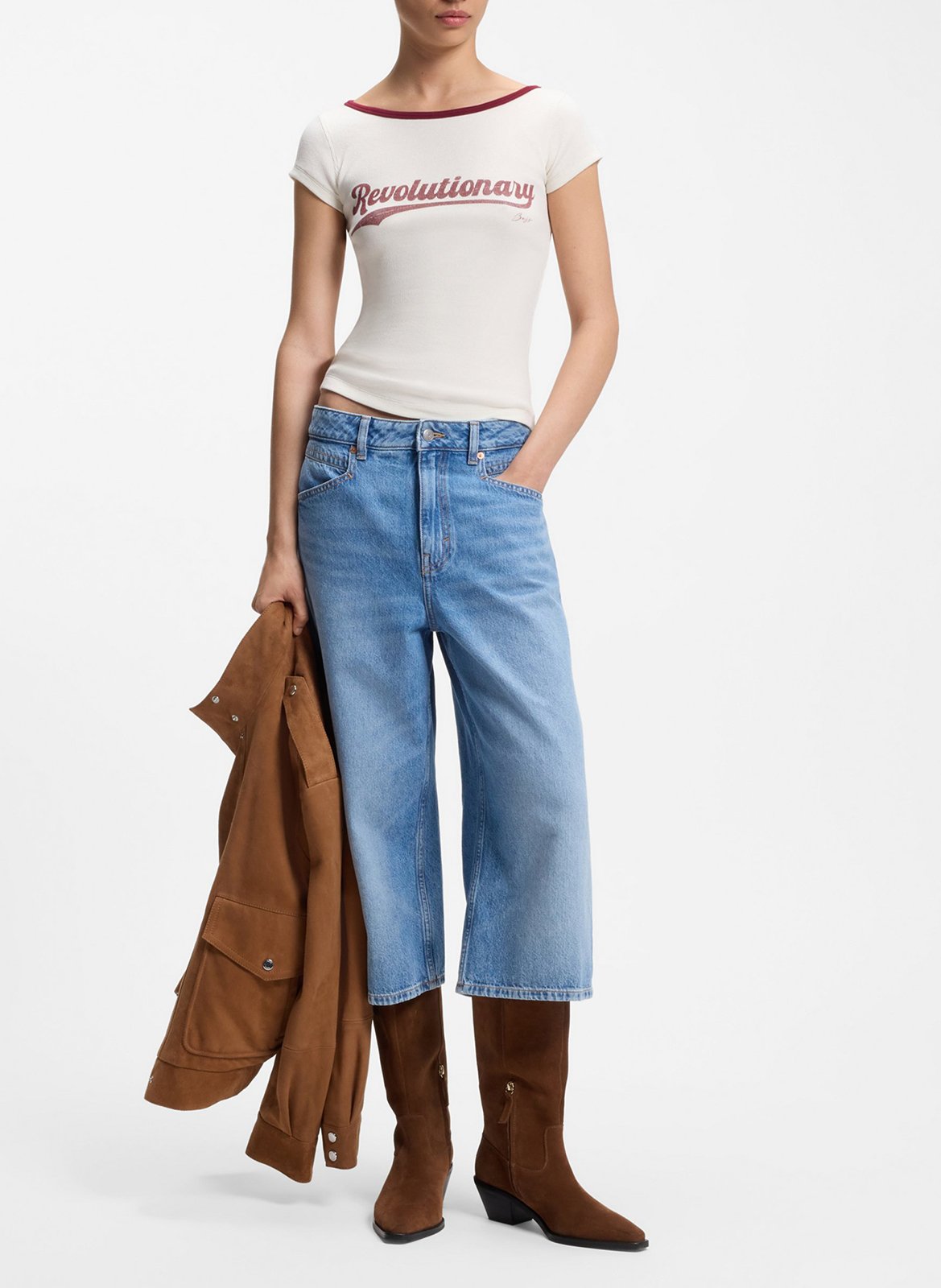Tee-shirt droit col bateau en coton mélangé BOSS Beige