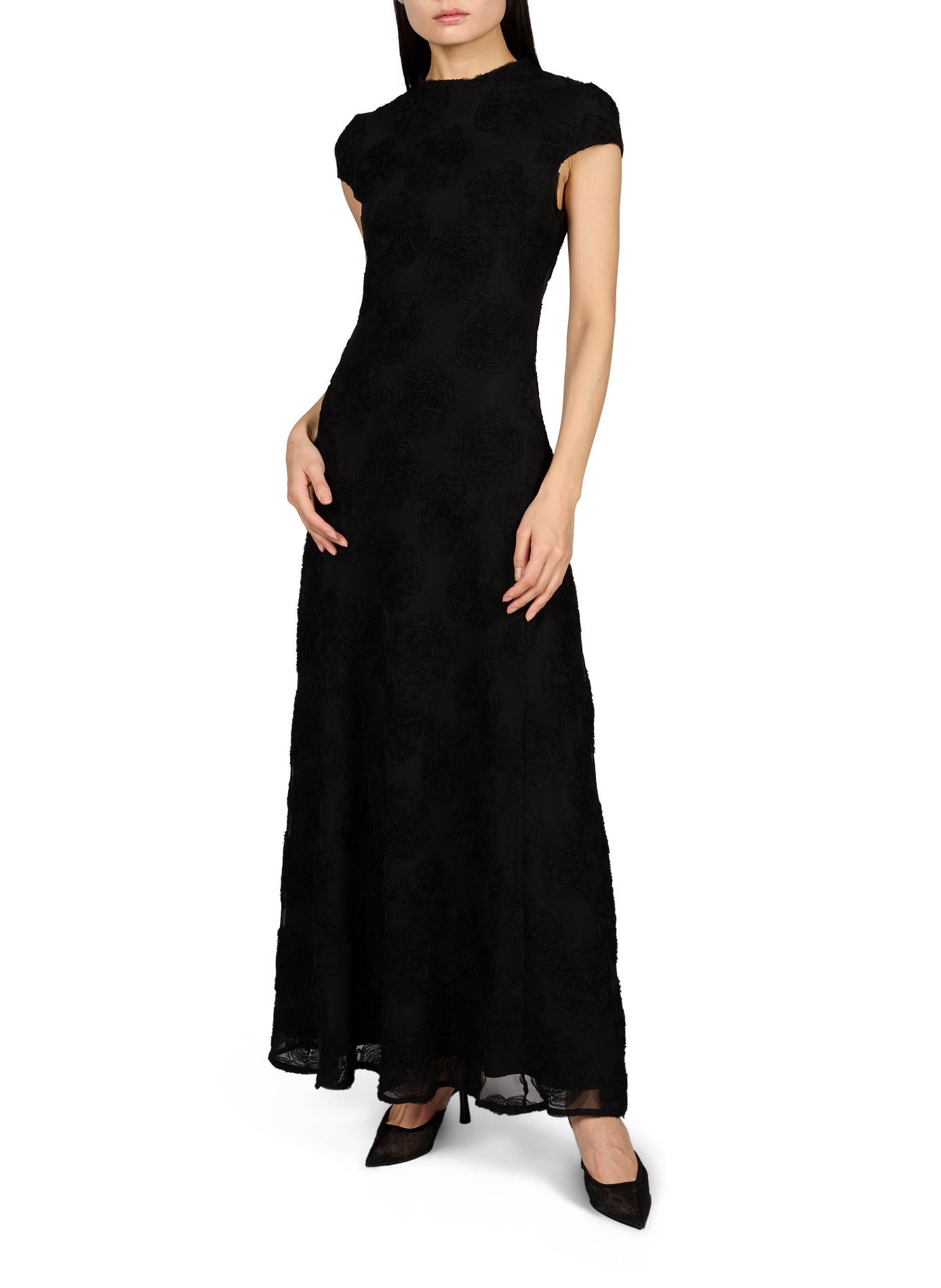 Maxikleid aus geblümtem Mesh ROTATE Schwarz