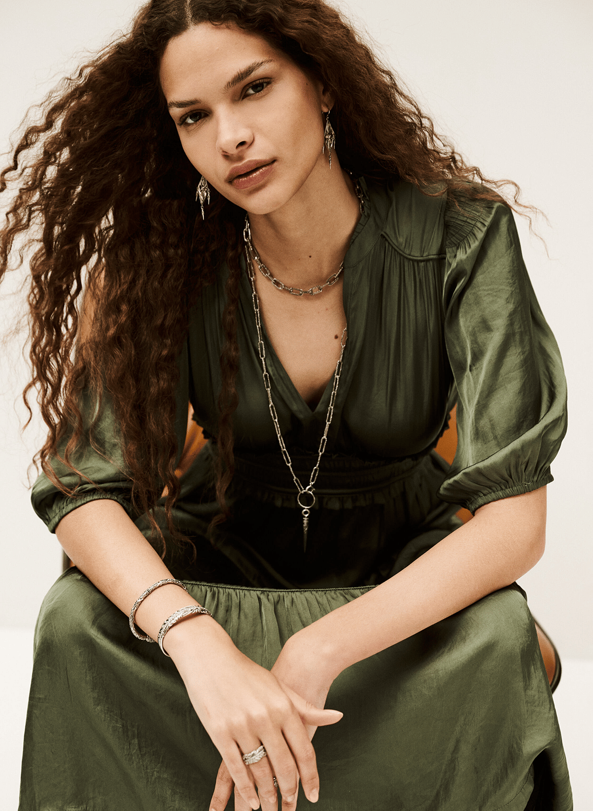 Robe longue froncée col tunisien en satin cleli BA&SH Kaki