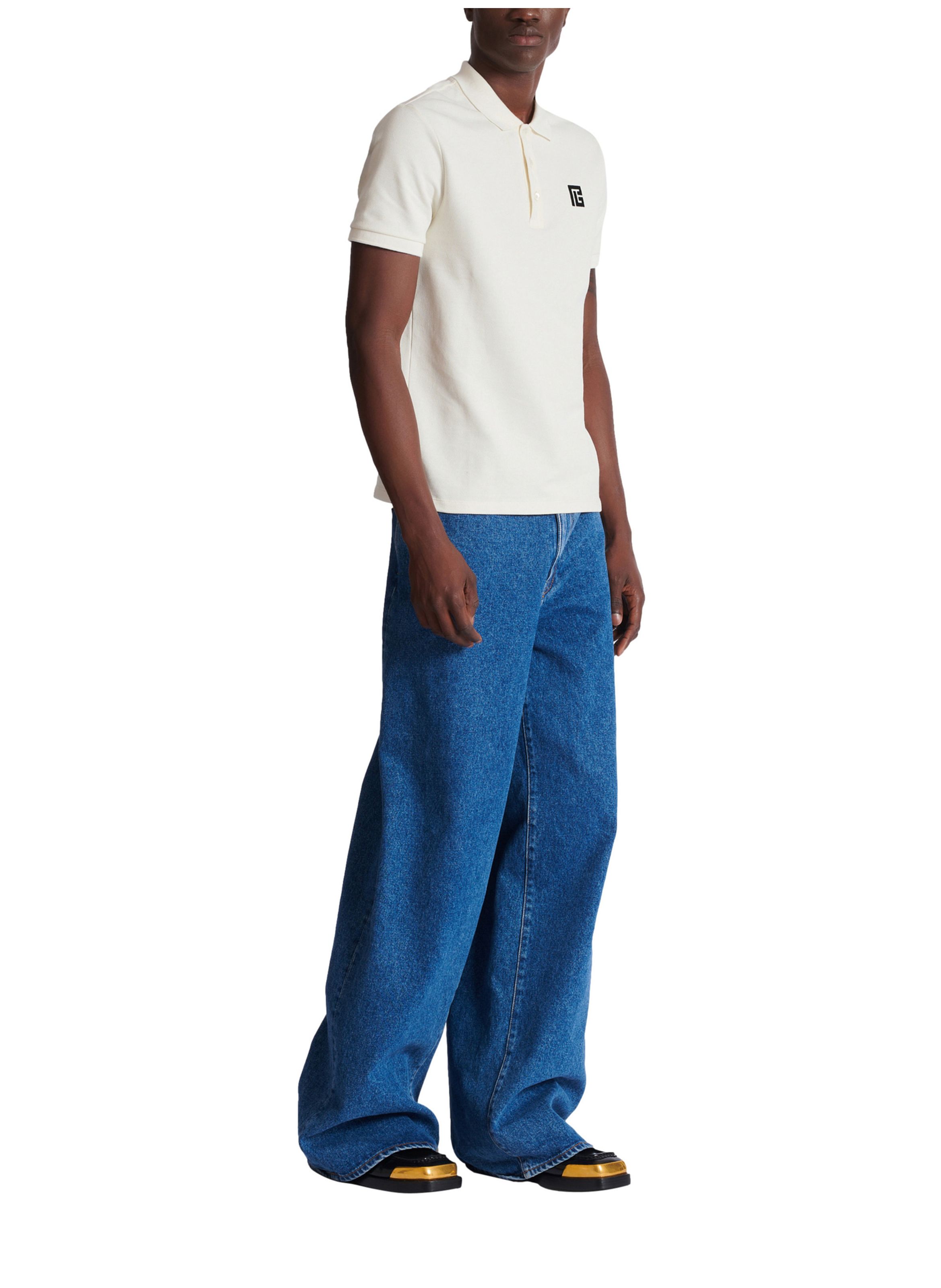 Polo en coton brodé BALMAIN Blanc