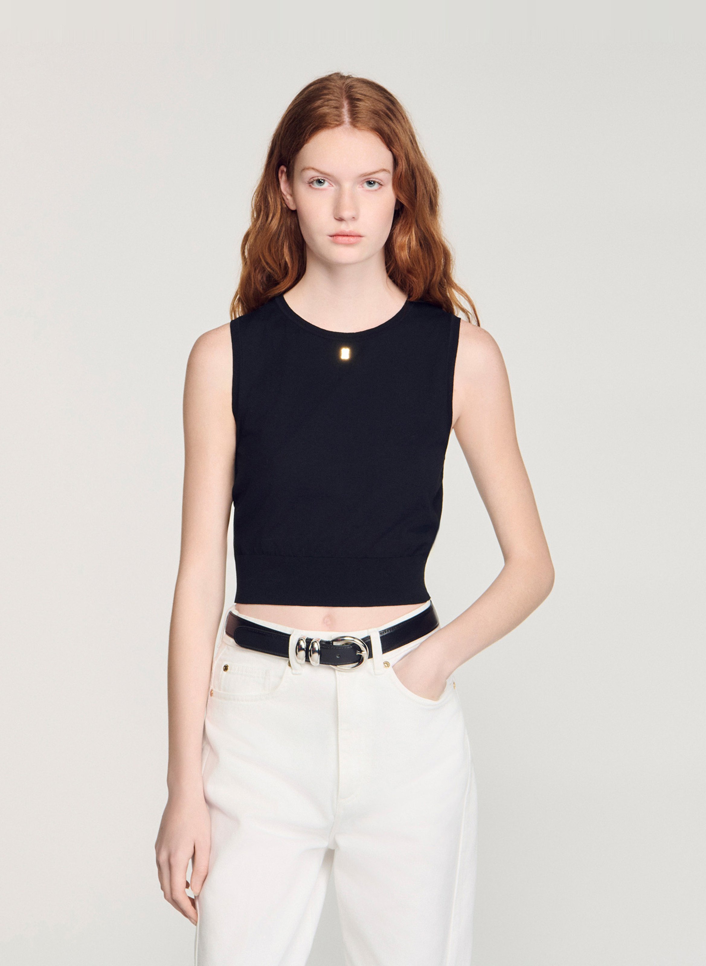 Top col rond en cootn mélangé SANDRO Noir