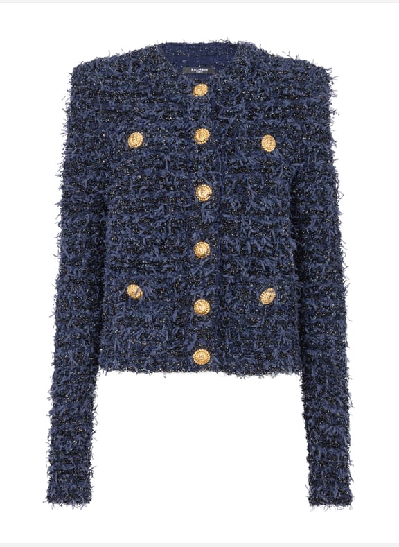 Veste courte en maille en tweed Bleu by BALMAIN BALMAIN Veste courte en maille en tweed Bleu