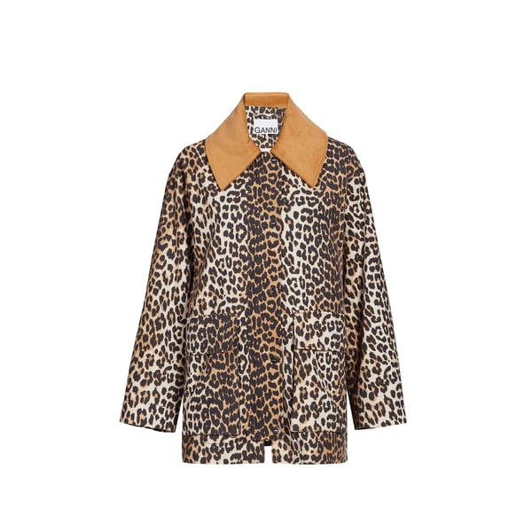 Ganni Leopard Printed Canvas Midi Puffer Jackets Brown In Animal Print