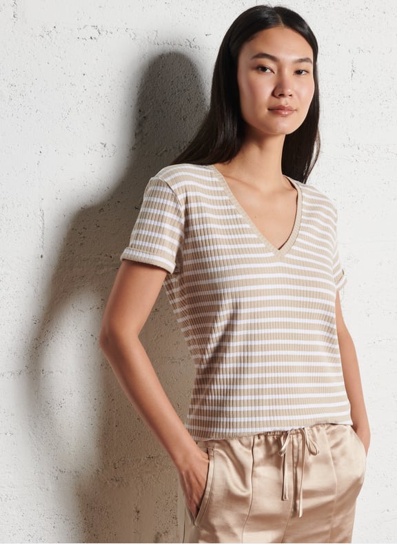 Tee-shirt col v à rayures Beige by IKKS IKKS Tee-shirt col v à rayures Beige