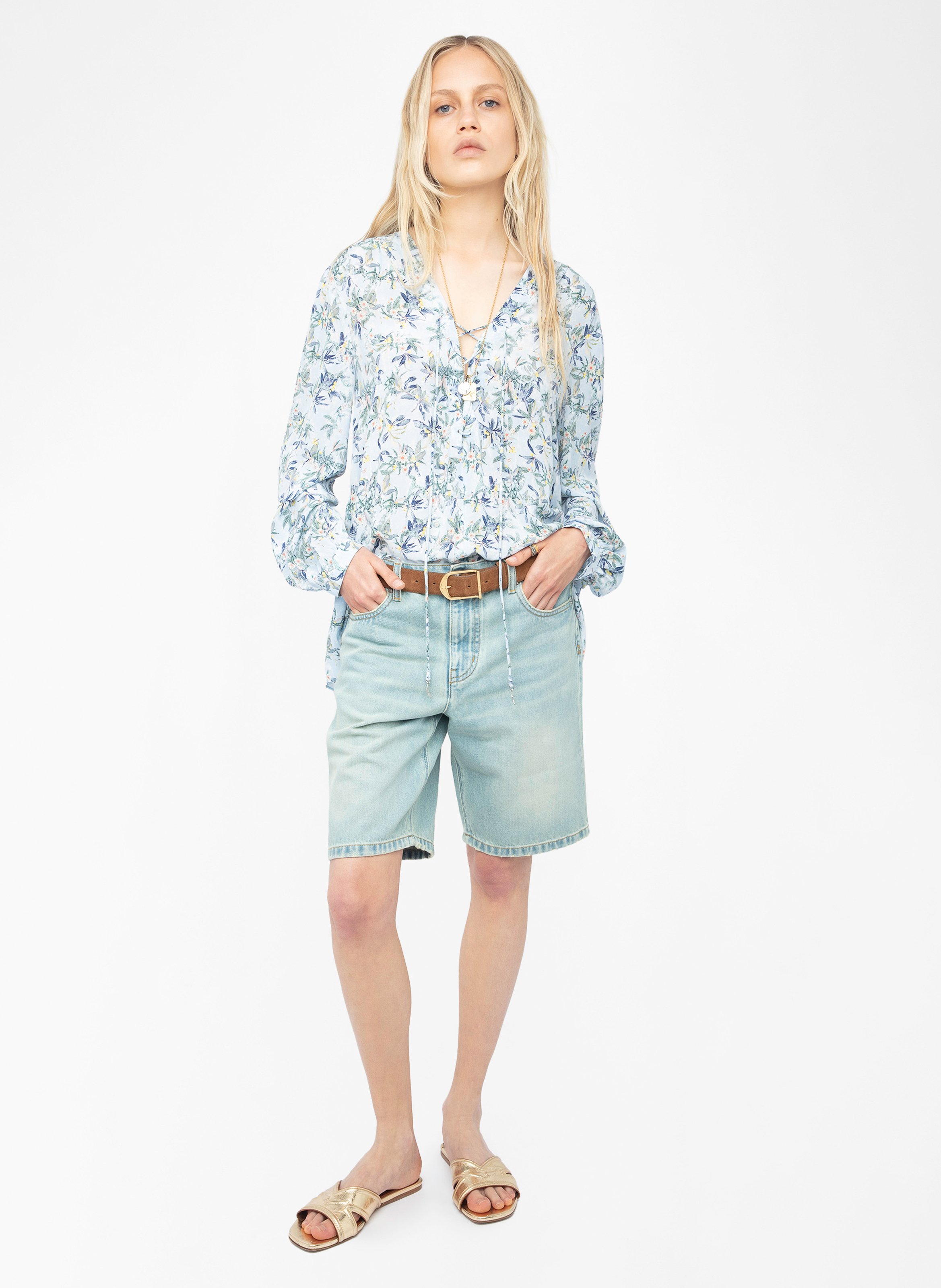 Top col v imprimé en soie tamela ZADIG&VOLTAIRE Bleu