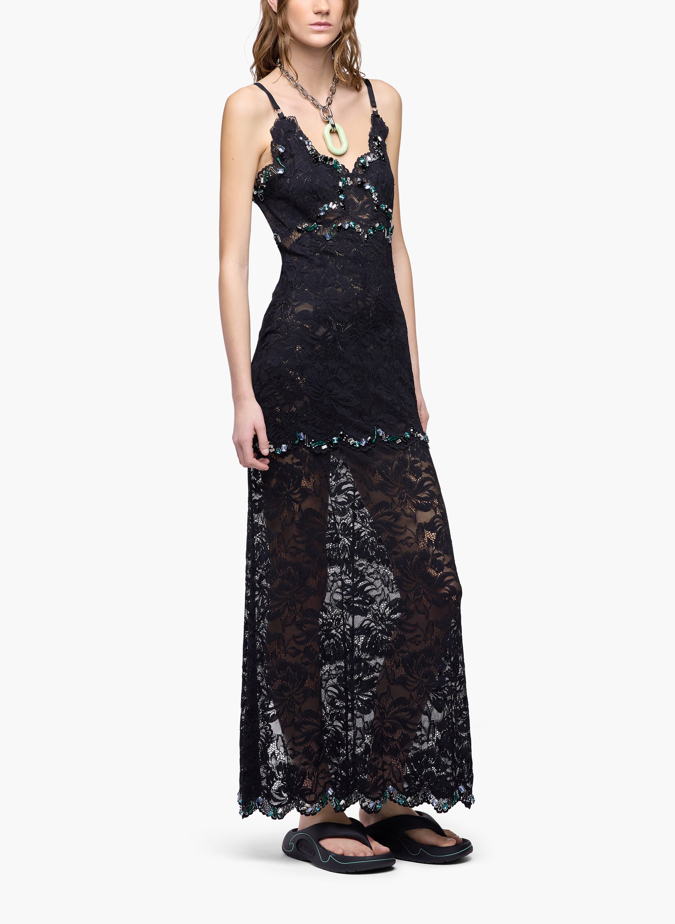 Robe longue en dentelle brodée à la main | Noir RABANNE Femme