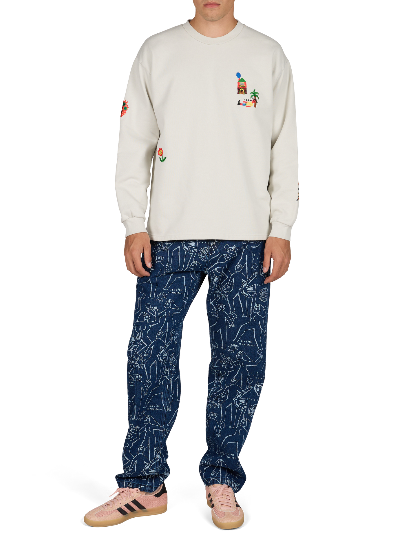 Plain straight-fit sweatshirt with embroidered motifs OLOW Grey