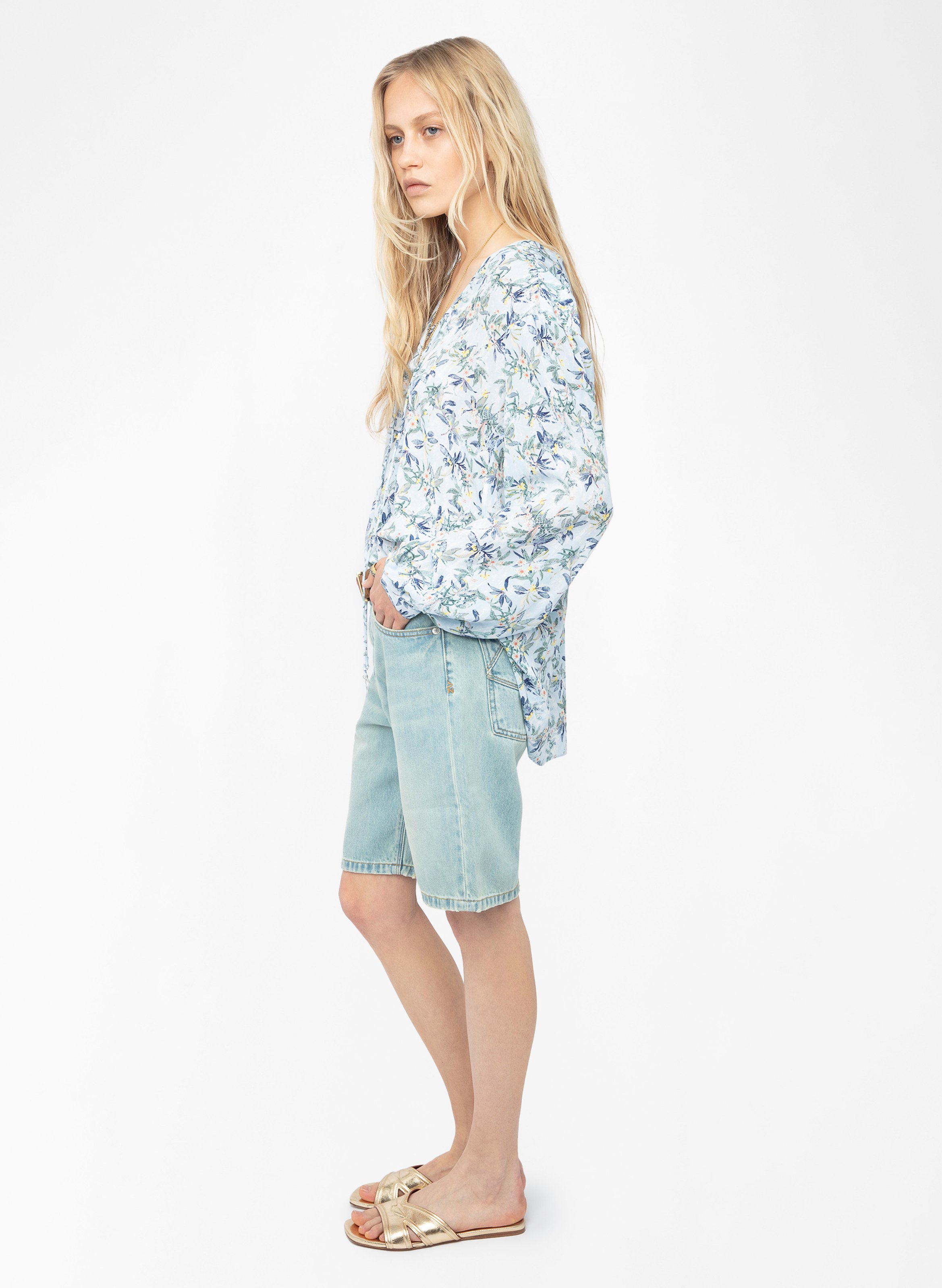 Top col v imprimé en soie tamela ZADIG&VOLTAIRE Bleu