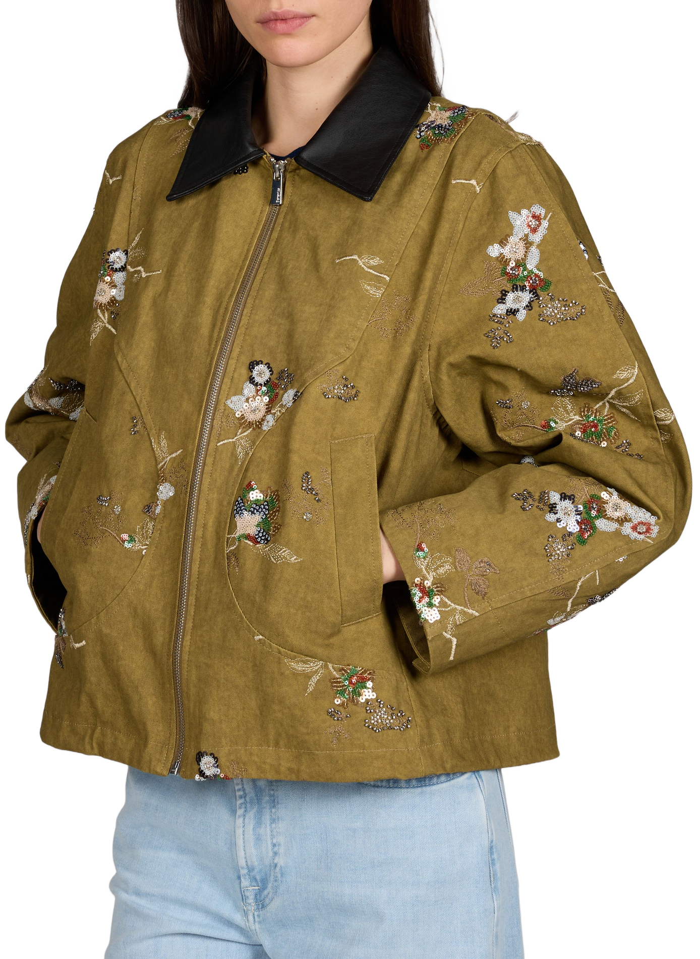 Veste courte avec col contrasté et motif de perles brodées en coton BERENICE Kaki