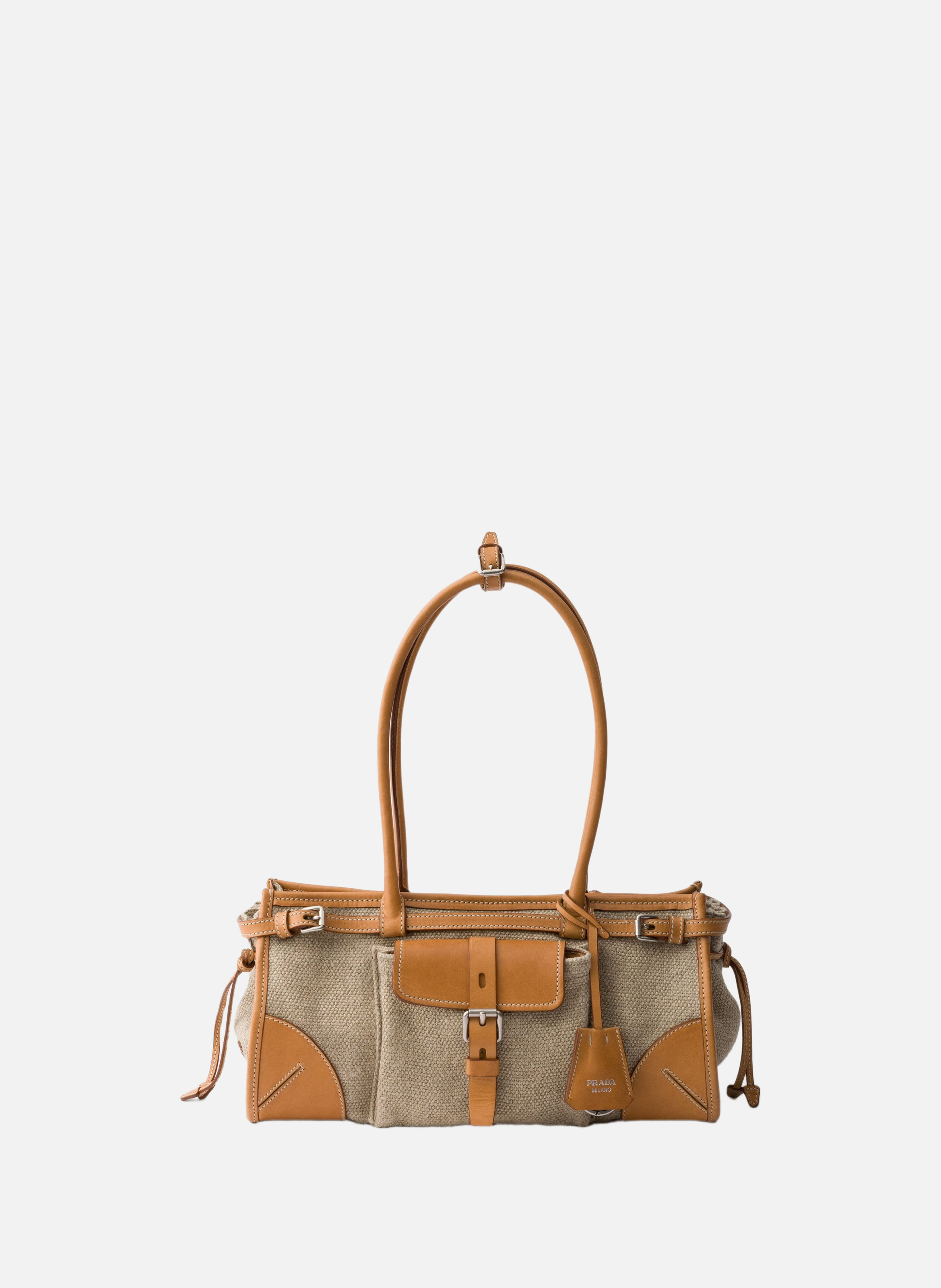 Sac à main prada bonnie moyen en lin et cuir PRADA Beige