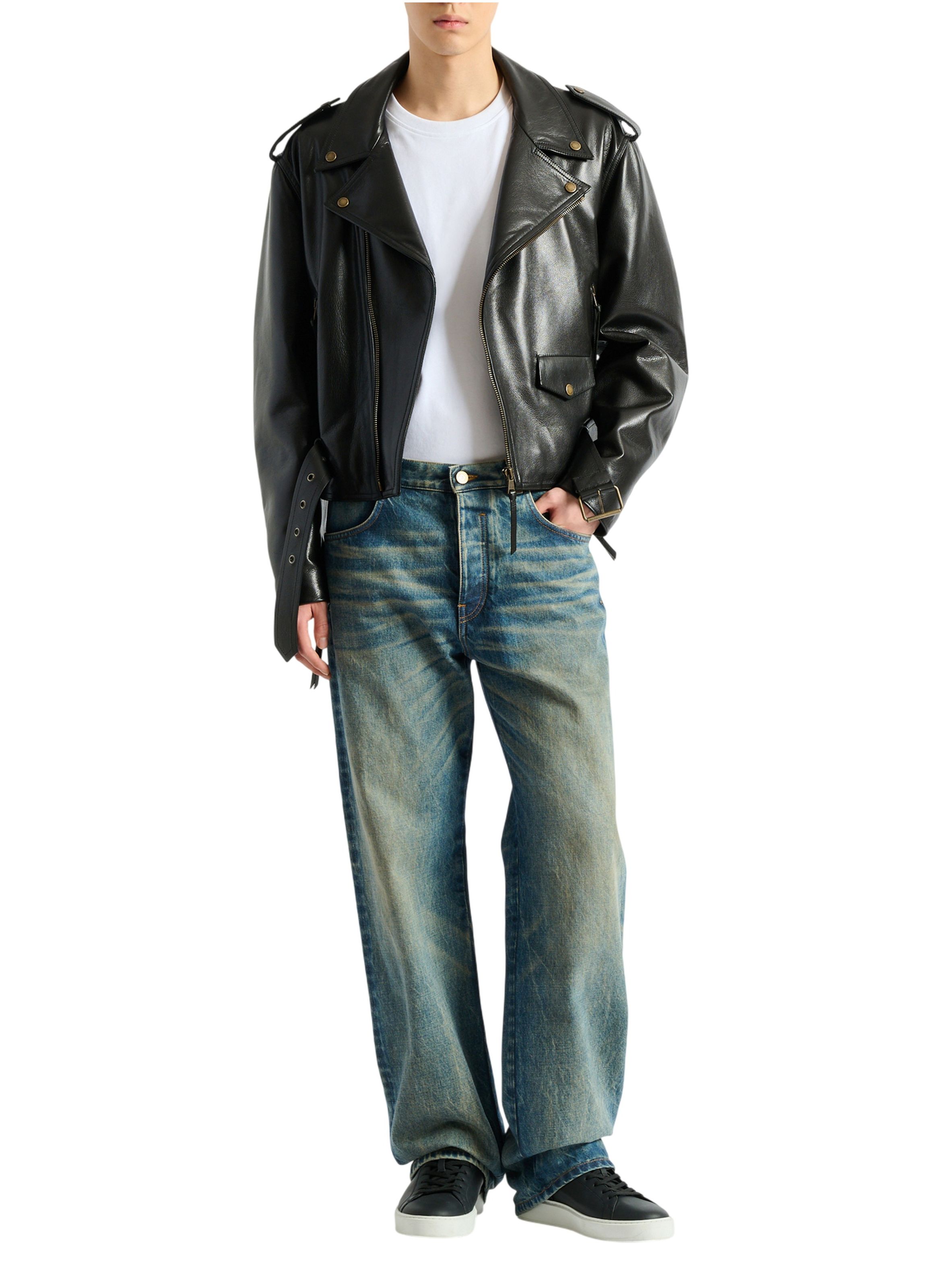 Veste biker en cuir texturé BALMAIN Noir
