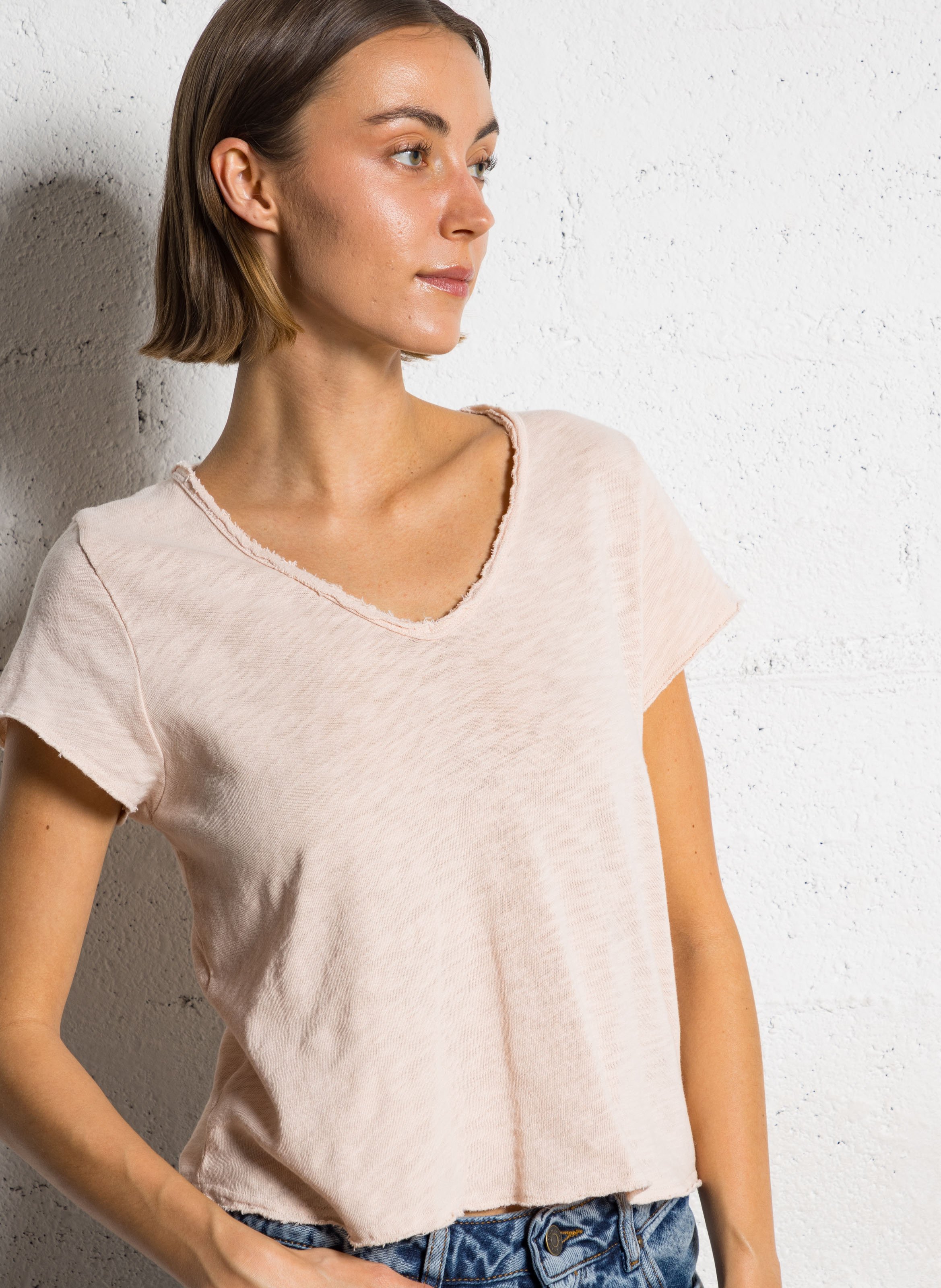 Tee-shirt droit col v en coton sonoma AMERICAN VINTAGE Beige