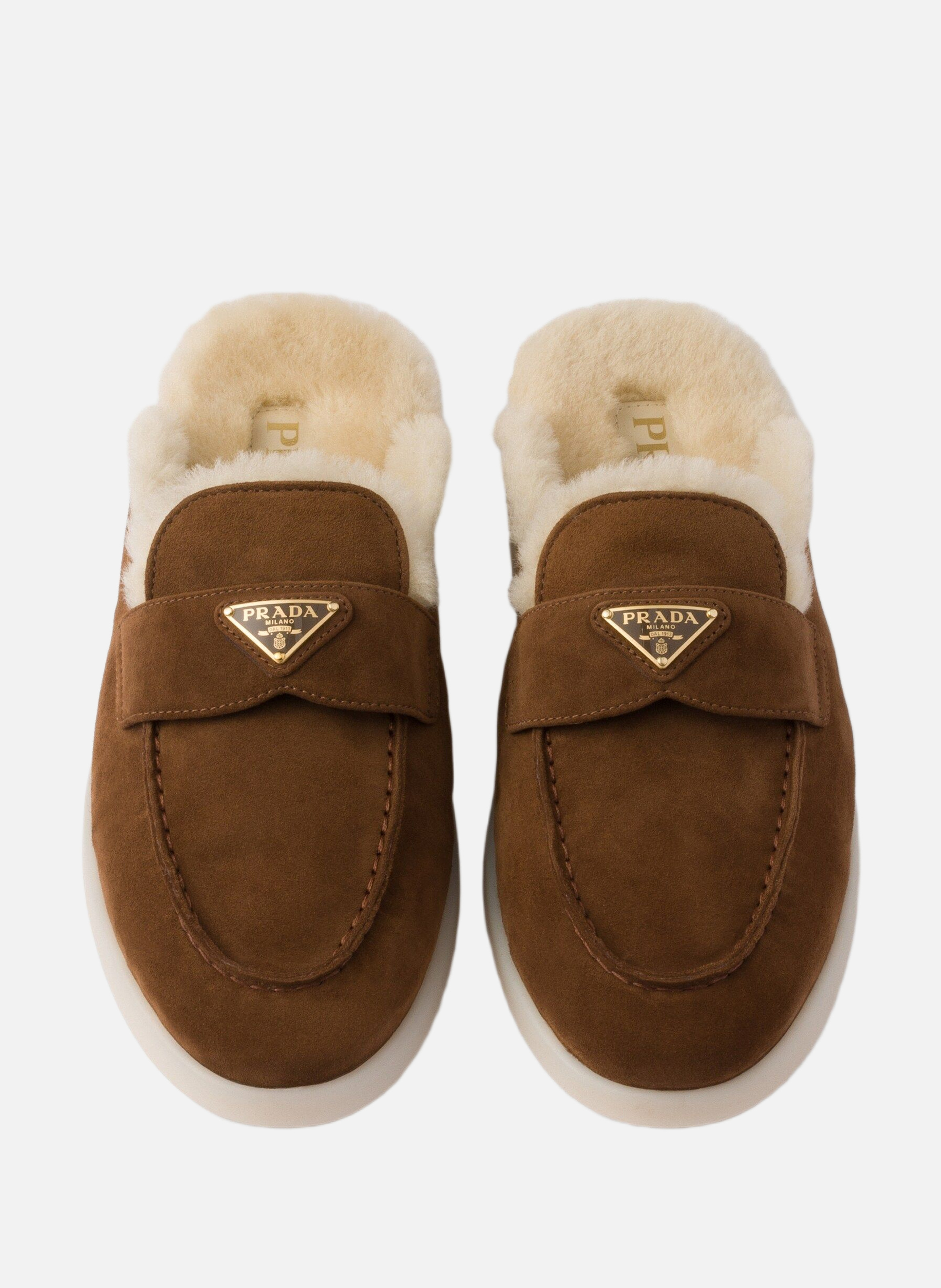 Mules en veau velours et shearling PRADA Marron