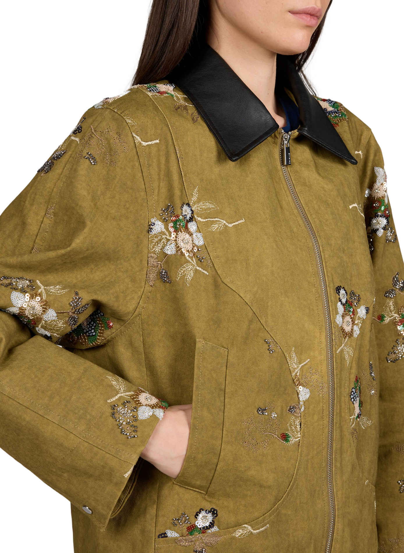 Veste courte avec col contrasté et motif de perles brodées en coton BERENICE Kaki