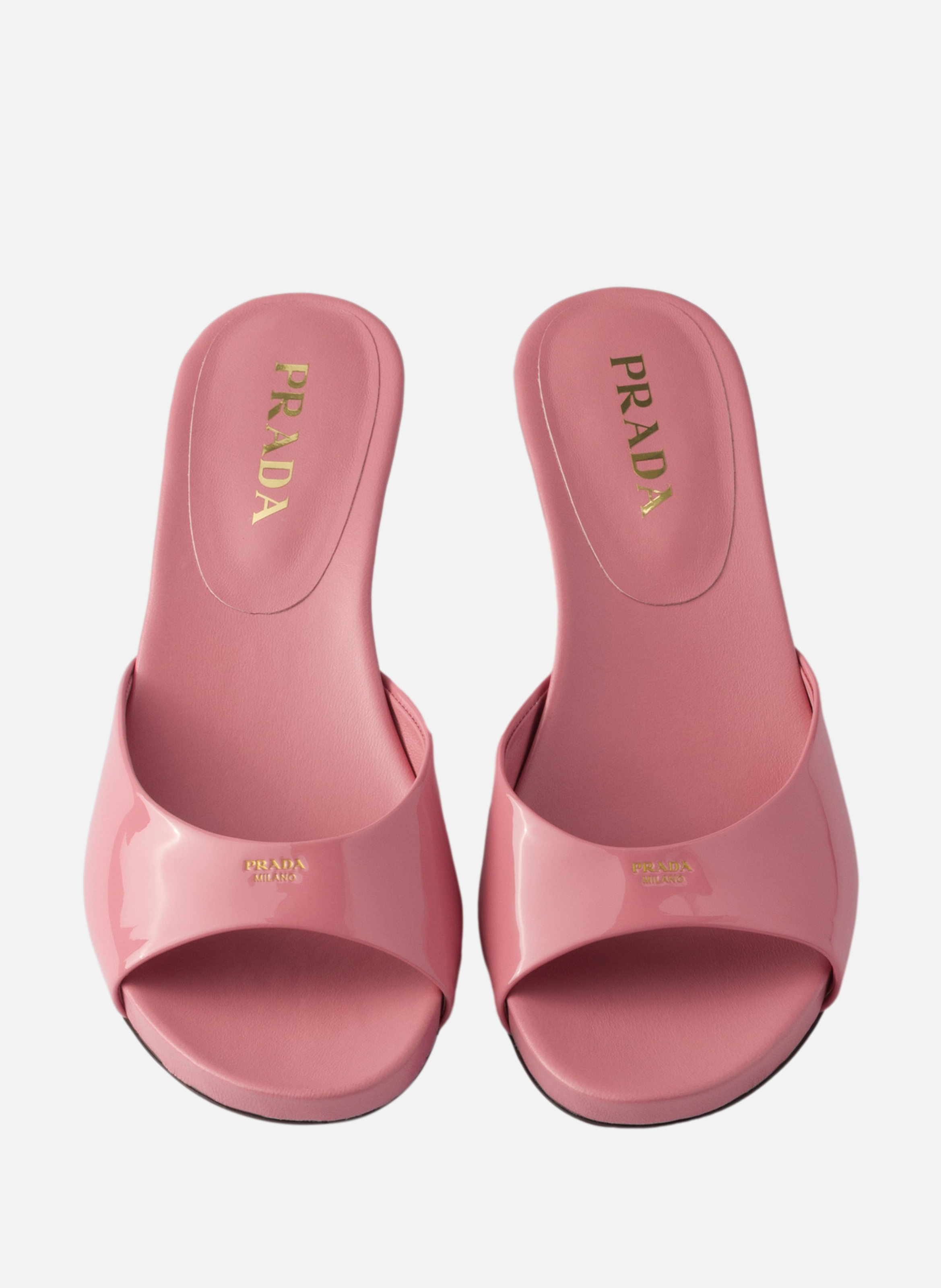 Sandales à talon bas en cuir verni PRADA Rose